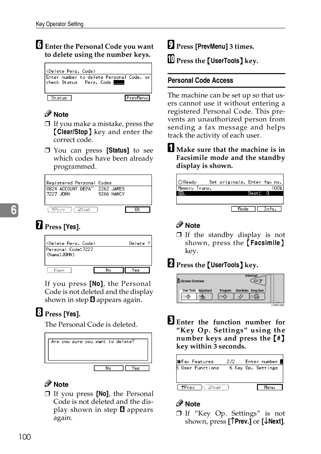 Savin C4535, C2824, C3528 manual Personal Code Access, 100, Press PrevMenu 3 times. J Press the UserTools key 