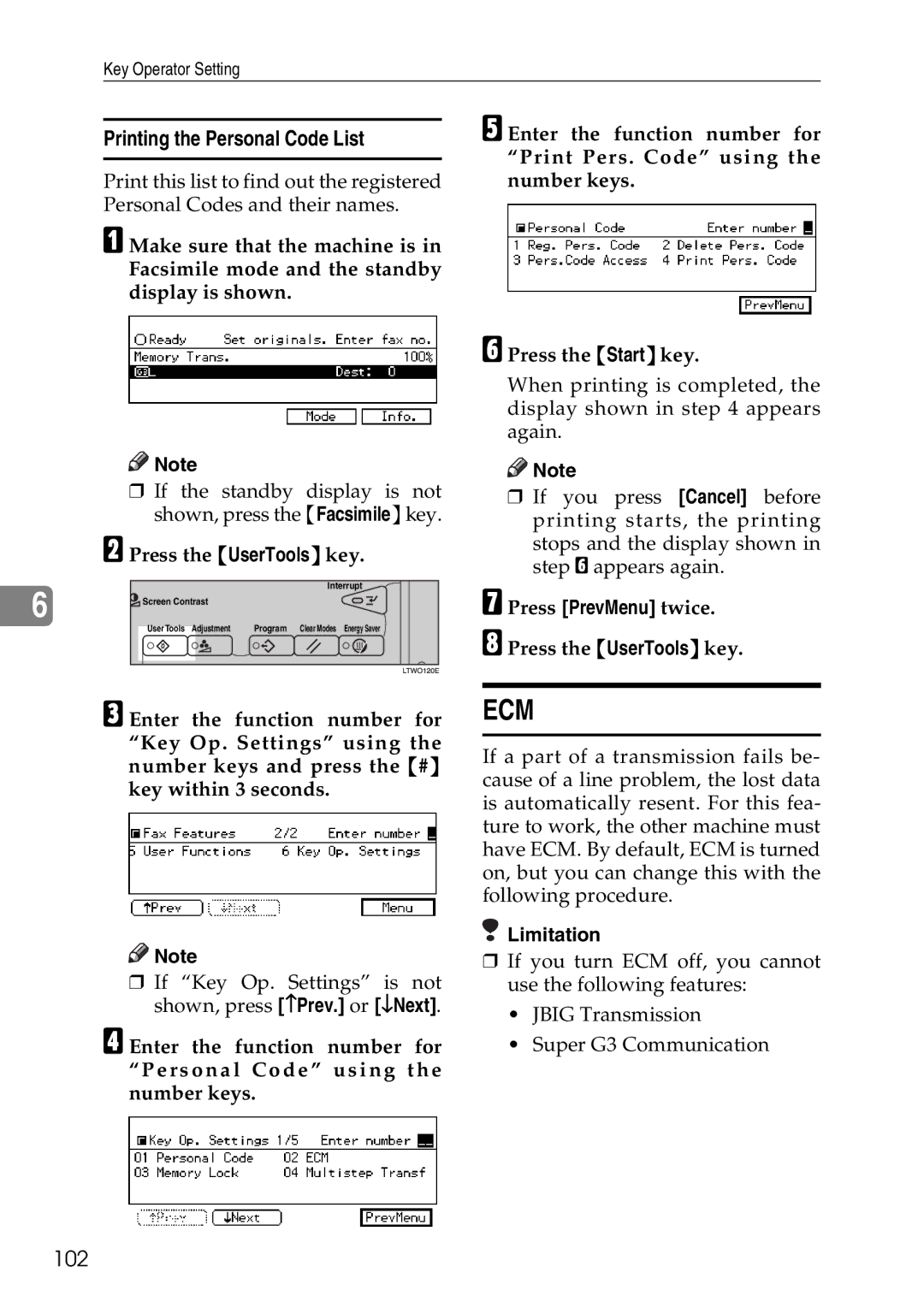 Savin C3528, C2824, C4535 manual Printing the Personal Code List, 102 