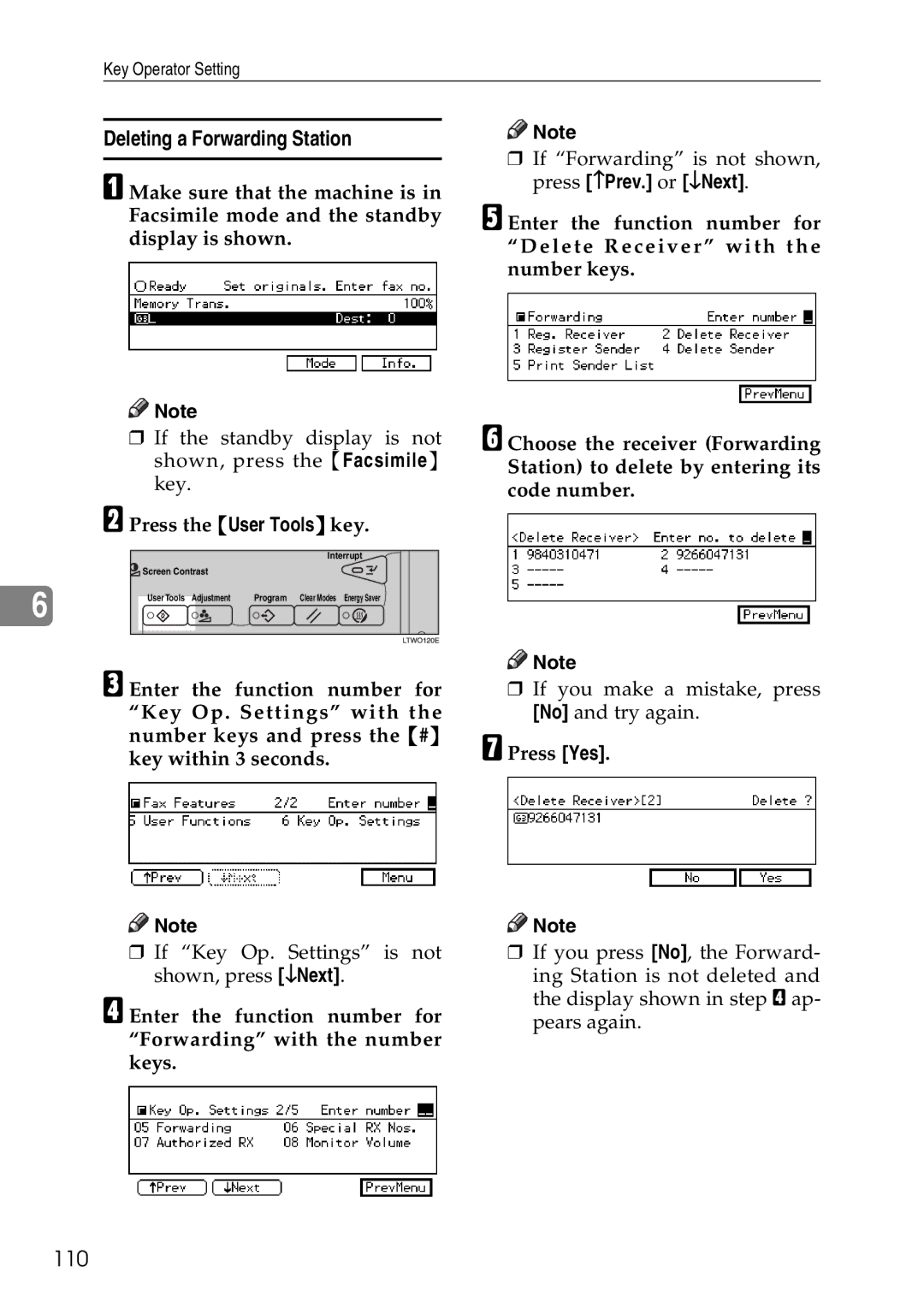 Savin C2824, C3528, C4535 manual Deleting a Forwarding Station, 110 