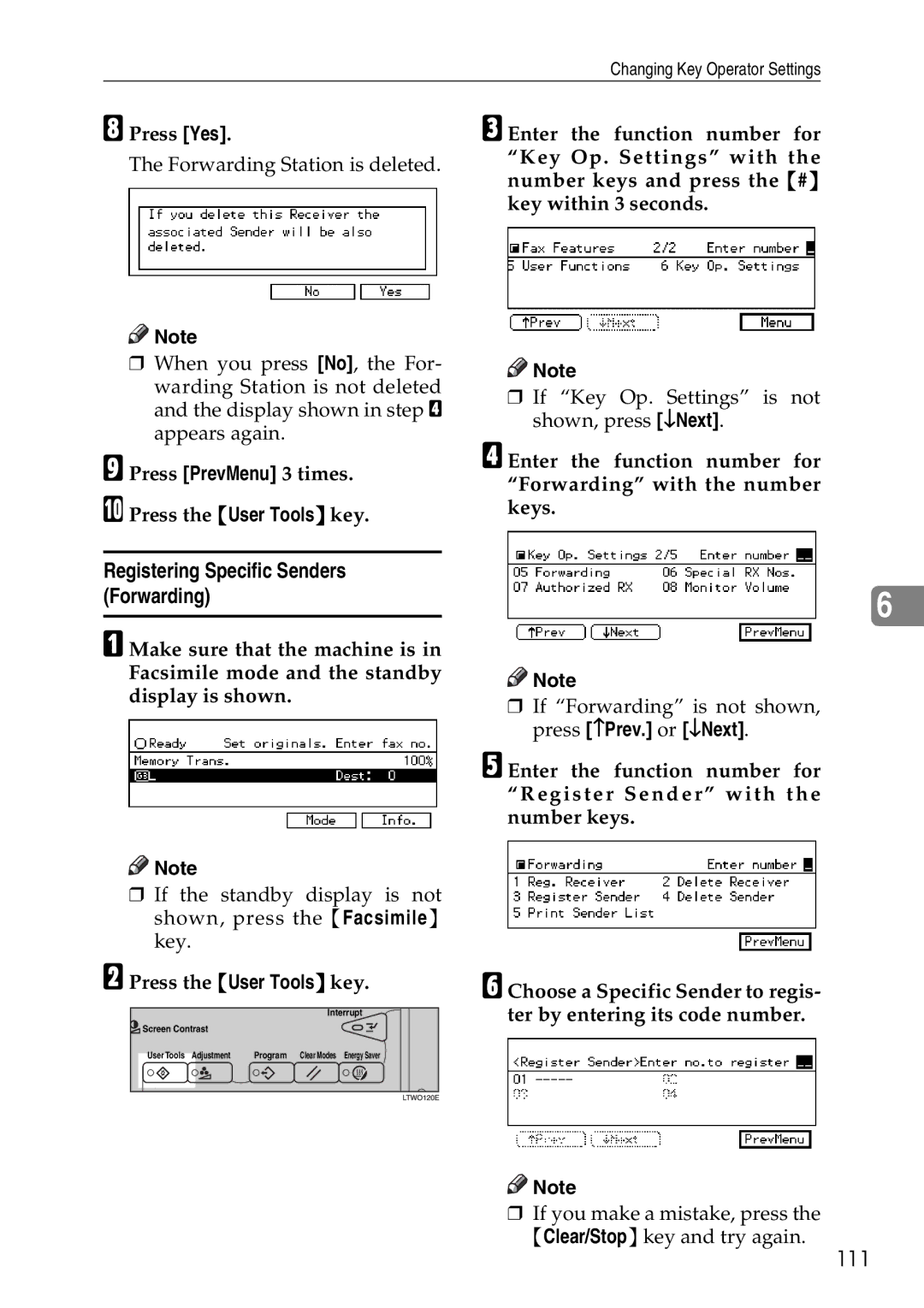 Savin C3528, C2824, C4535 Registering Specific Senders Forwarding, 111, Press PrevMenu 3 times. J Press the User Tools key 