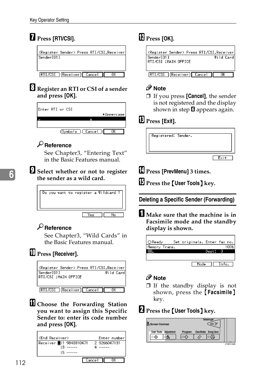 Savin C4535, C2824, C3528 manual Deleting a Specific Sender Forwarding, 112, Register an RTI or CSI of a sender and press OK 