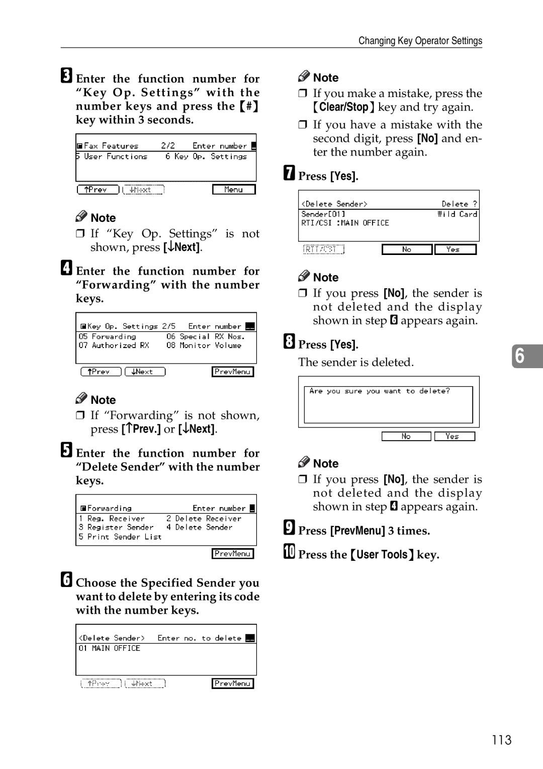 Savin C2824, C3528, C4535 manual 113, Press Yes Sender is deleted, Press PrevMenu 3 times Press the User Tools key 