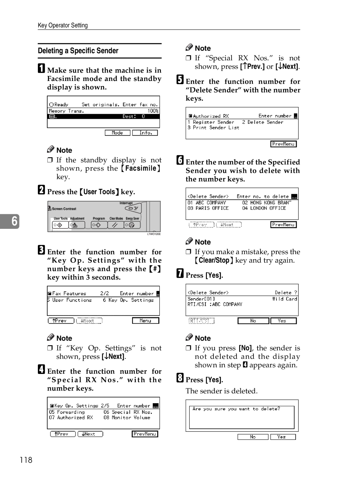 Savin C4535, C2824, C3528 manual Deleting a Specific Sender, 118 