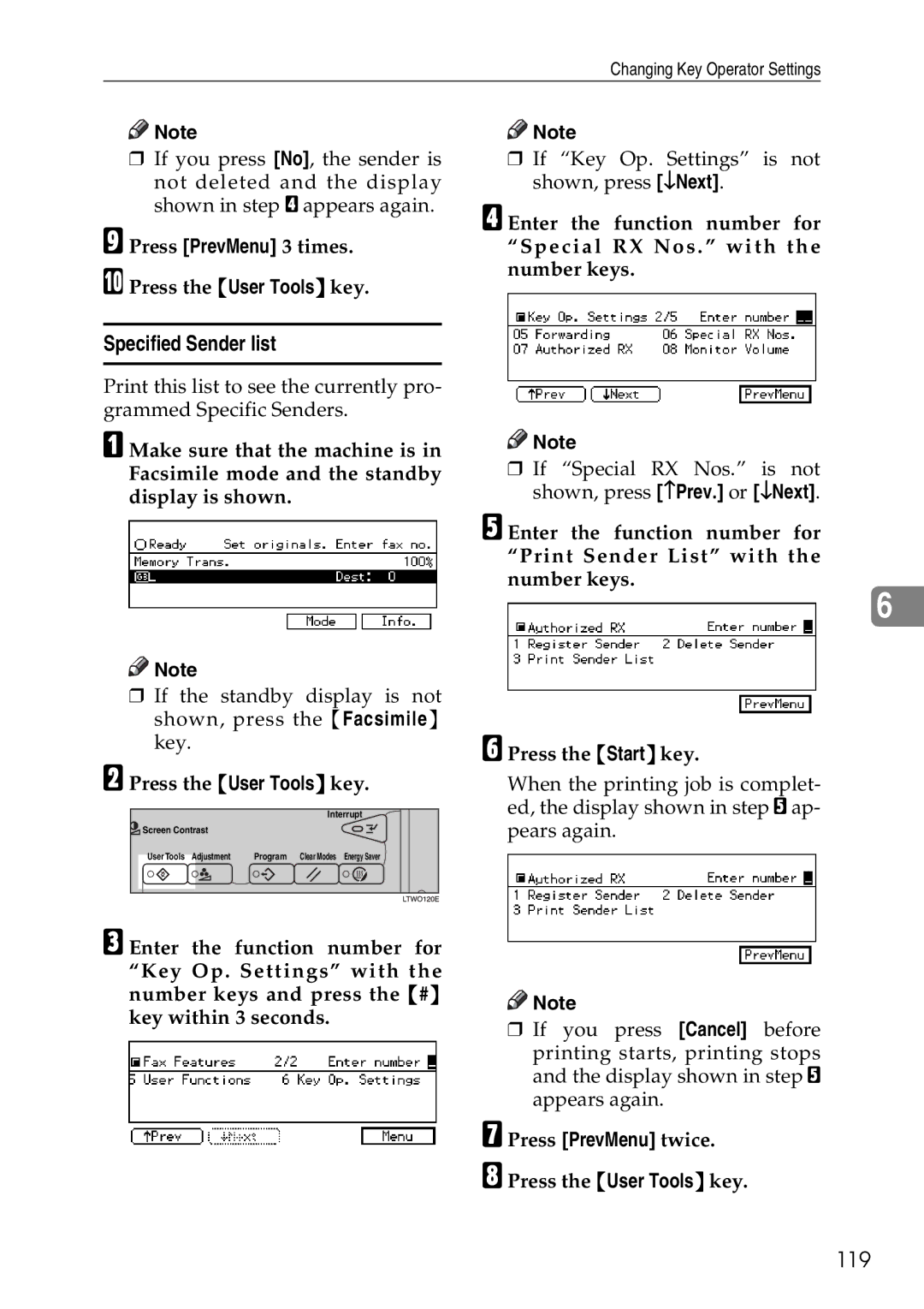 Savin C2824, C3528, C4535 manual Specified Sender list, 119 