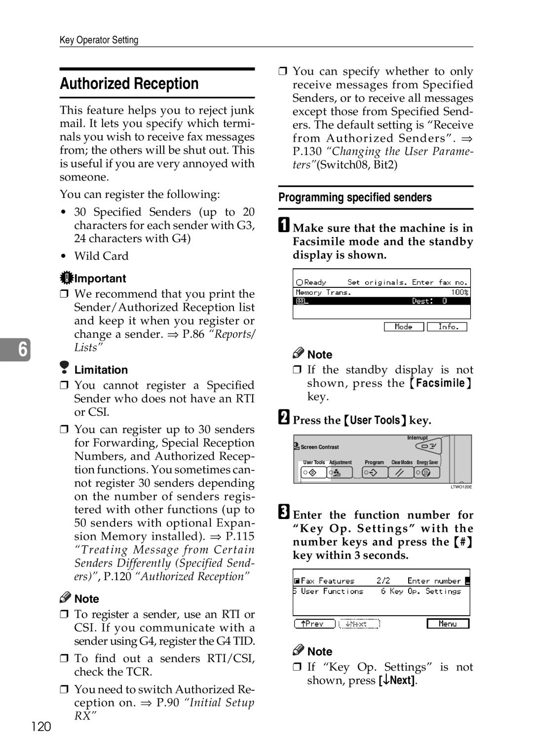 Savin C3528, C2824, C4535 manual Authorized Reception, Programming specified senders, 120, Lists 