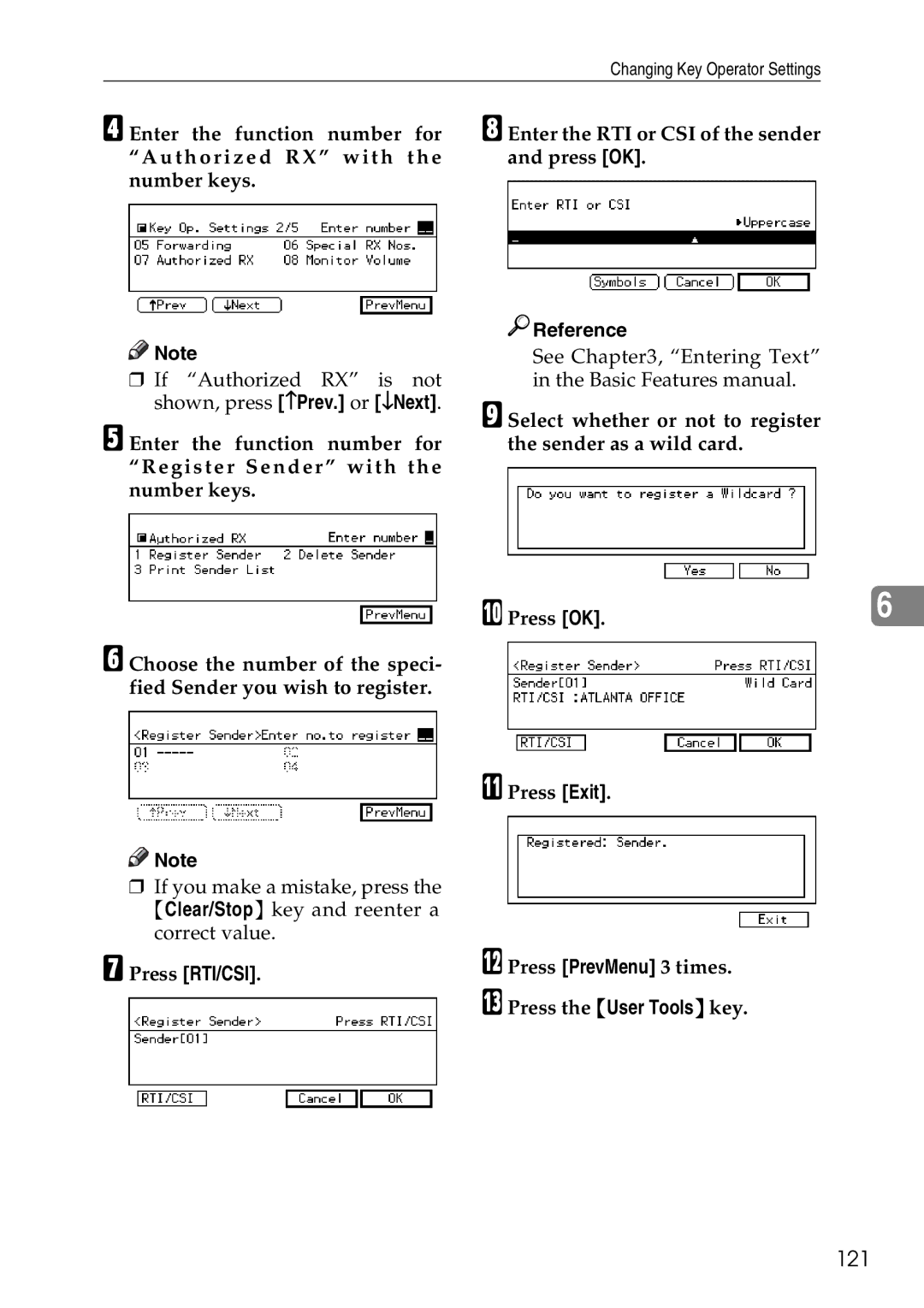 Savin C4535, C2824, C3528 manual 121, Enter the RTI or CSI of the sender and press OK 