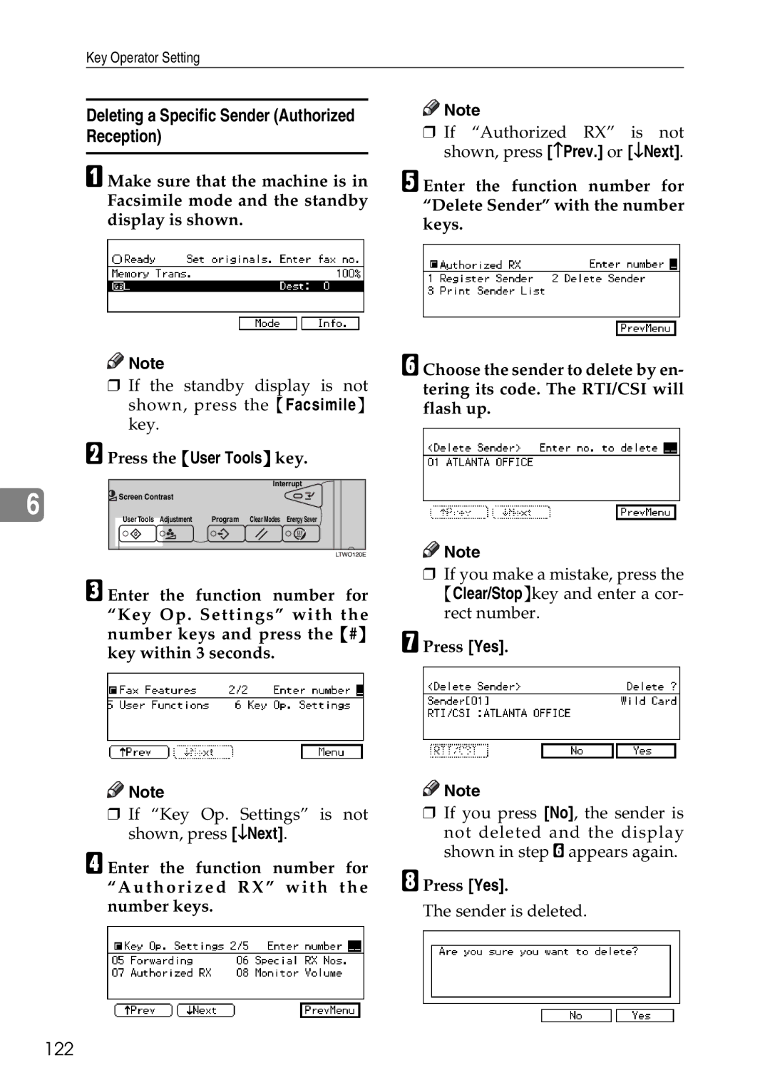 Savin C2824, C3528, C4535 manual Deleting a Specific Sender Authorized Reception, 122 