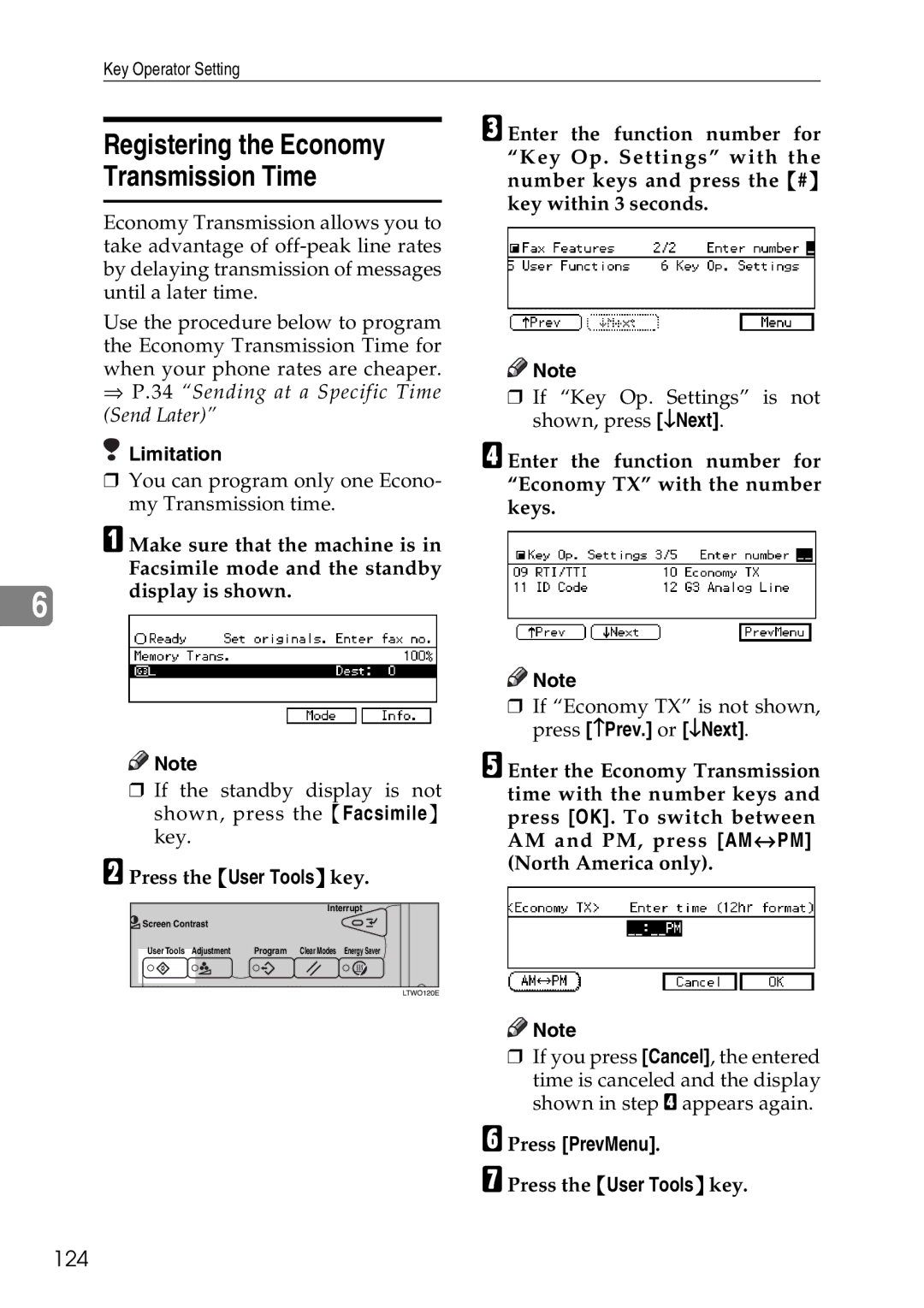 Savin C4535, C2824, C3528 manual Registering the Economy Transmission Time, 124, ⇒ P.34 Sending at a Specific Time Send Later 