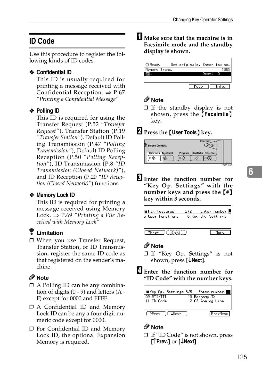 Savin C2824, C3528, C4535 manual ID Code, Confidential ID, Polling ID, Memory Lock ID, 125 