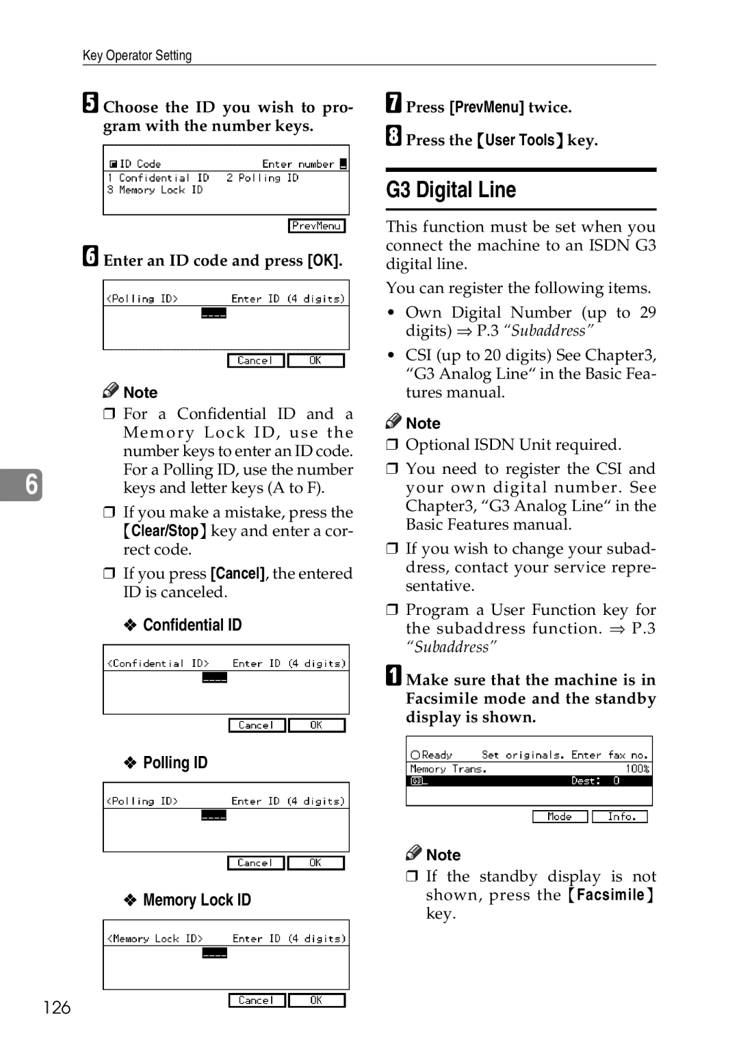 Savin C3528, C2824, C4535 manual G3 Digital Line, Polling ID Memory Lock ID, 126 