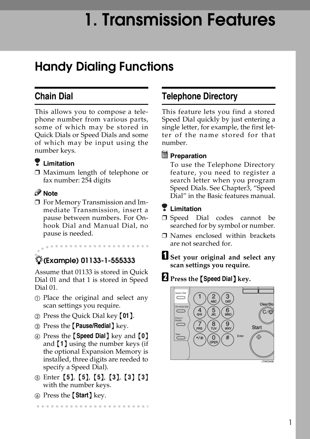 Savin C4535, C2824, C3528 manual Handy Dialing Functions, Chain Dial, Telephone Directory, Example 