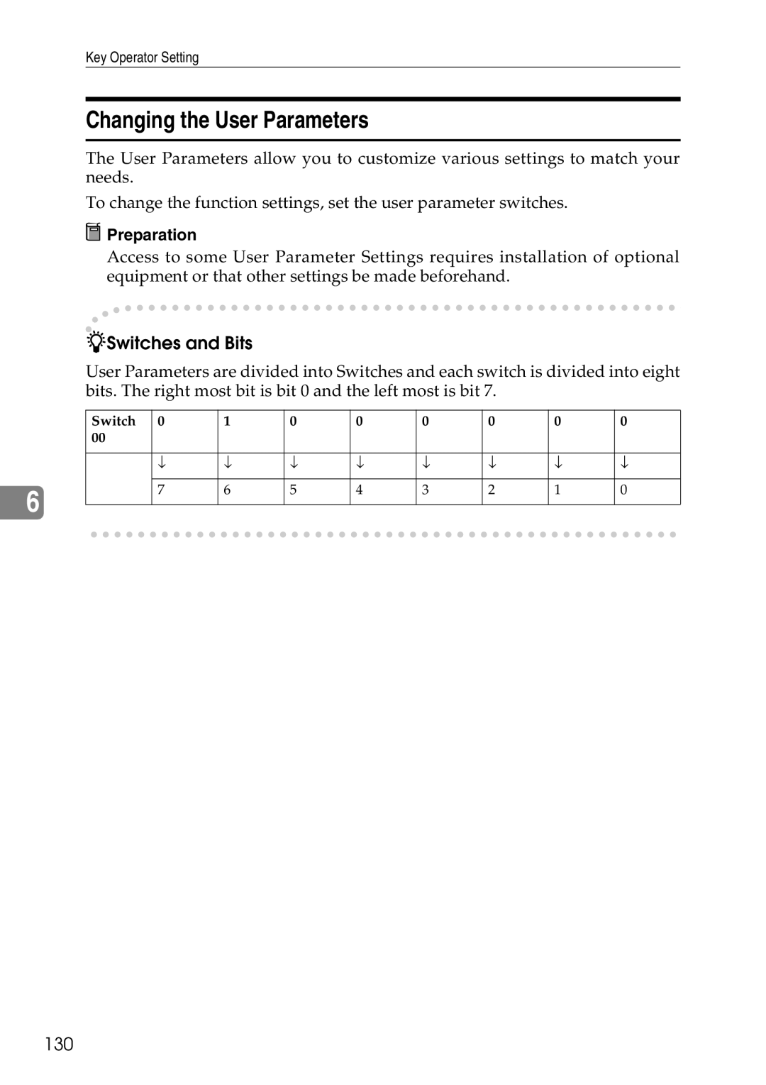 Savin C4535, C2824, C3528 manual Changing the User Parameters, Switches and Bits, 130 