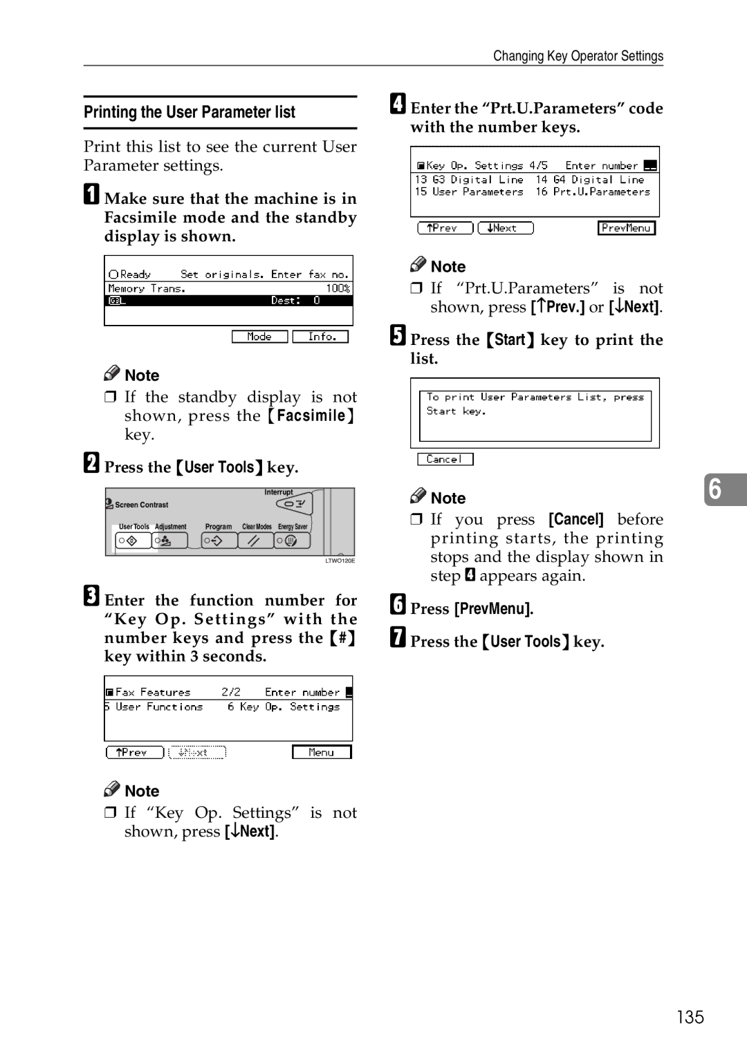 Savin C3528, C2824, C4535 manual Printing the User Parameter list, 135, Enter the Prt.U.Parameters code, With the number keys 