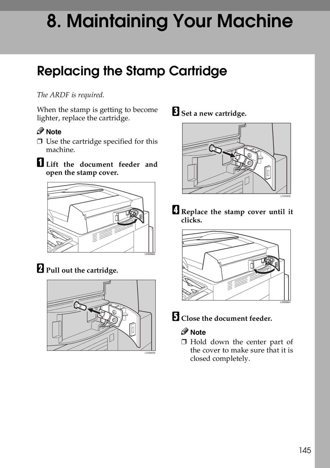 Savin C4535, C2824, C3528 manual Replacing the Stamp Cartridge, 145, Ardf is required, Set a new cartridge 