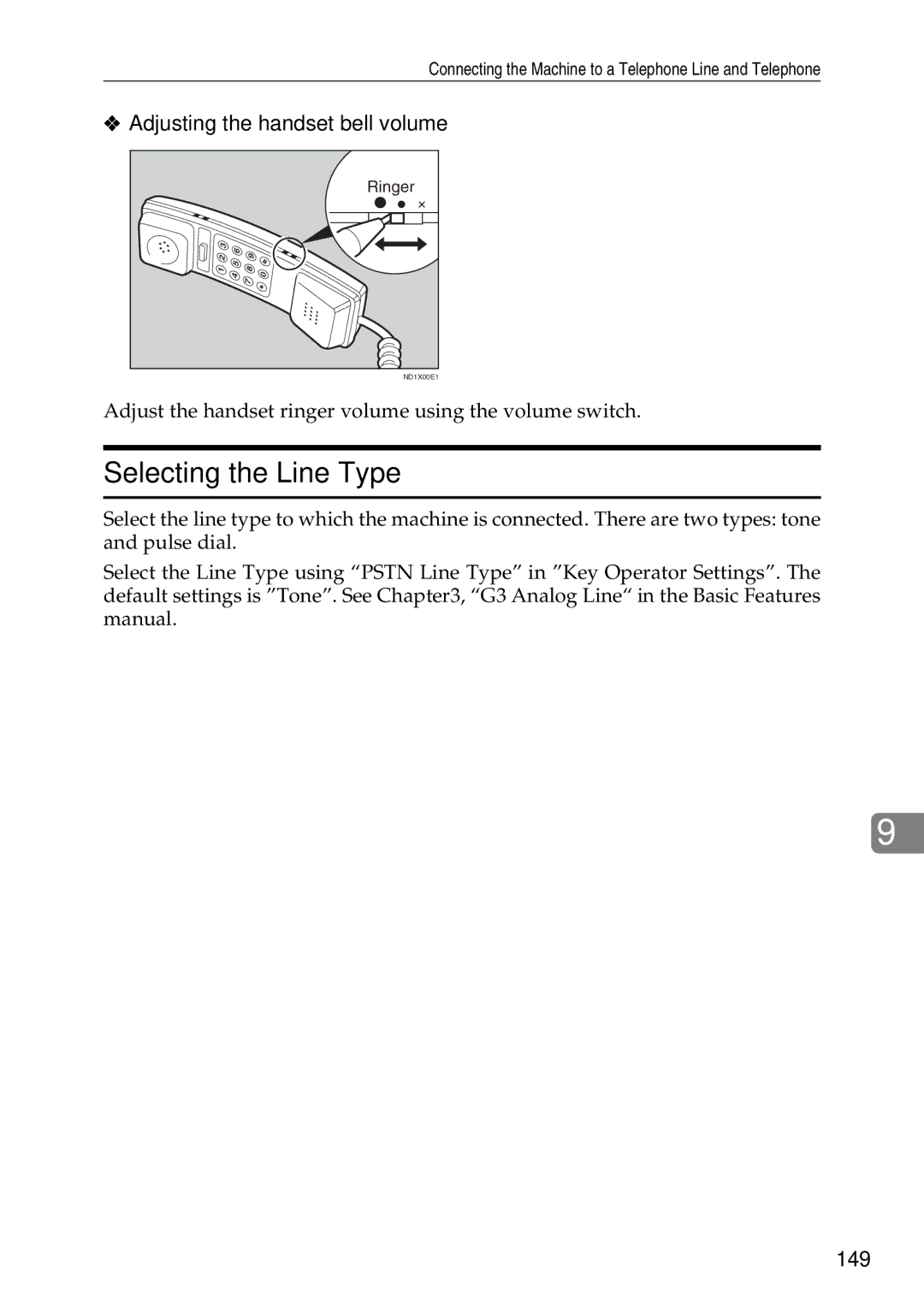 Savin C2824, C3528, C4535 manual Selecting the Line Type, Adjusting the handset bell volume, 149 