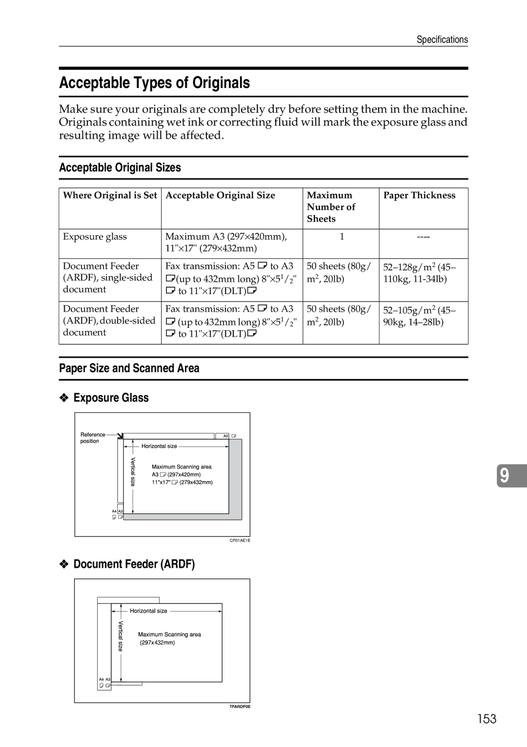 Savin C3528, C2824, C4535 manual Acceptable Types of Originals, Acceptable Original Sizes, 153 