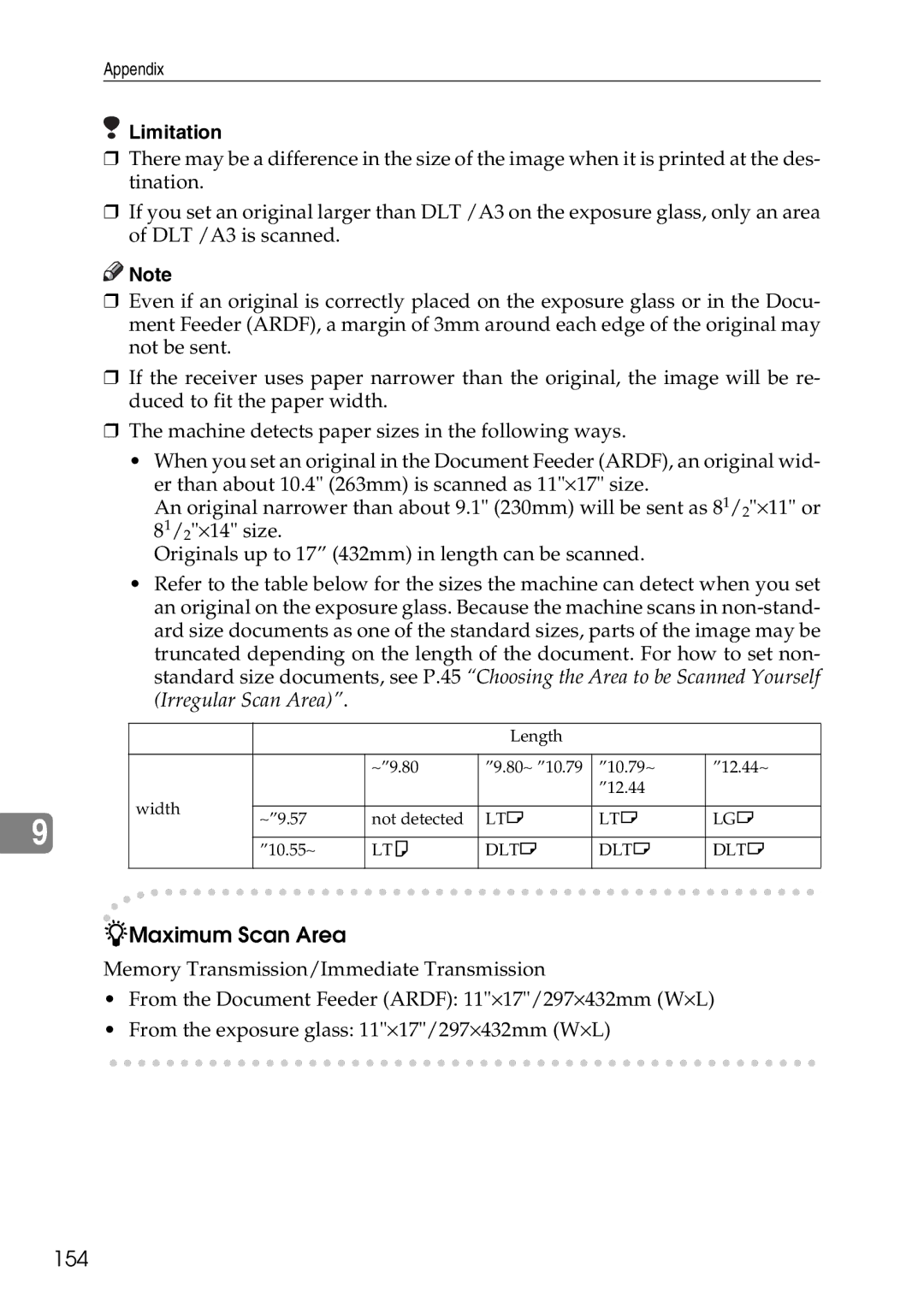 Savin C4535, C2824, C3528 manual Maximum Scan Area, 154 