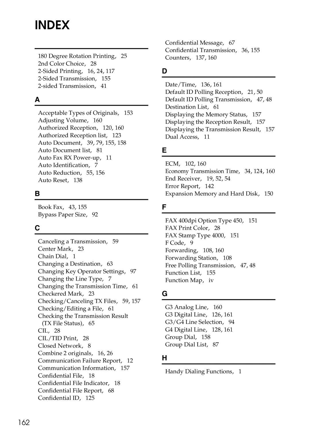 Savin C3528, C2824, C4535 manual Index, 162 