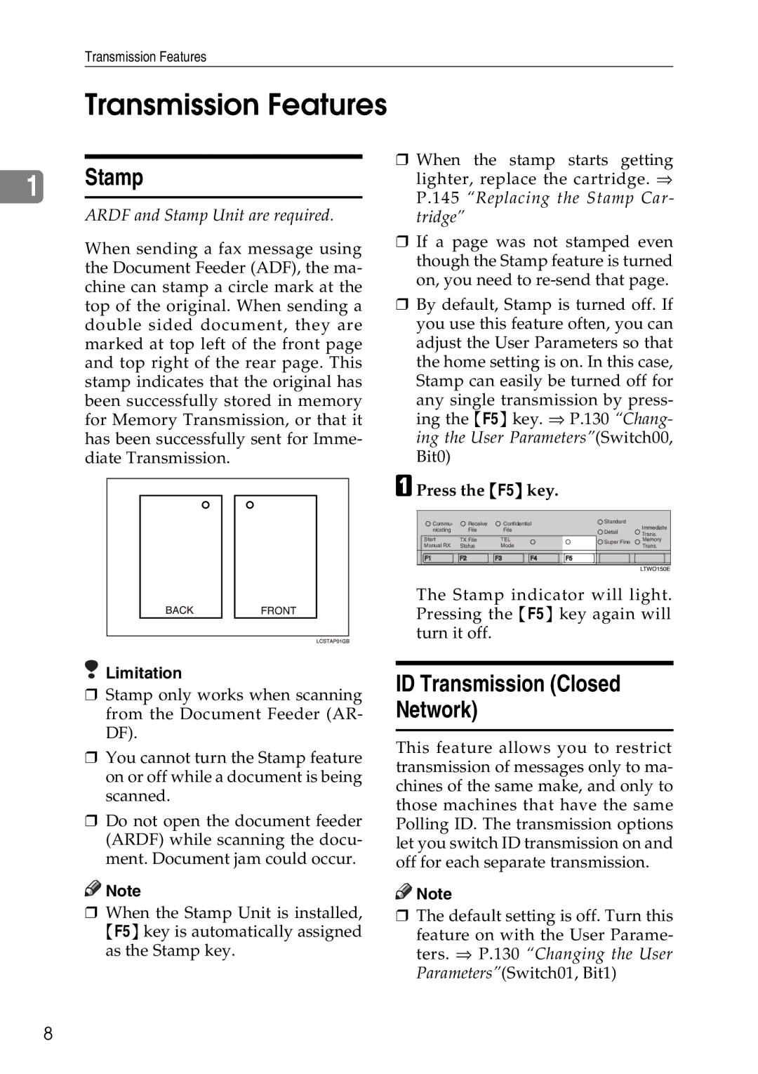 Savin C2824 Transmission Features, ID Transmission Closed Network, Ardf and Stamp Unit are required, Press the F5 key 