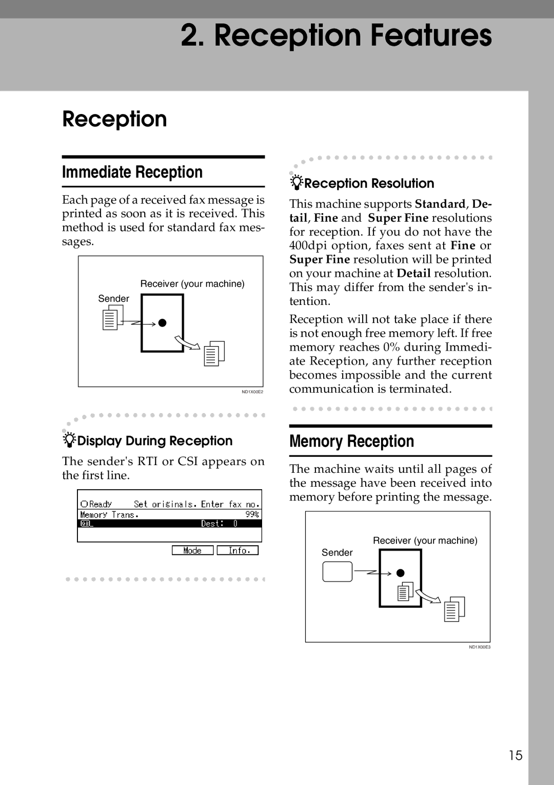 Savin C3528, C2824, C4535 manual Immediate Reception, Memory Reception, Display During Reception, Reception Resolution 