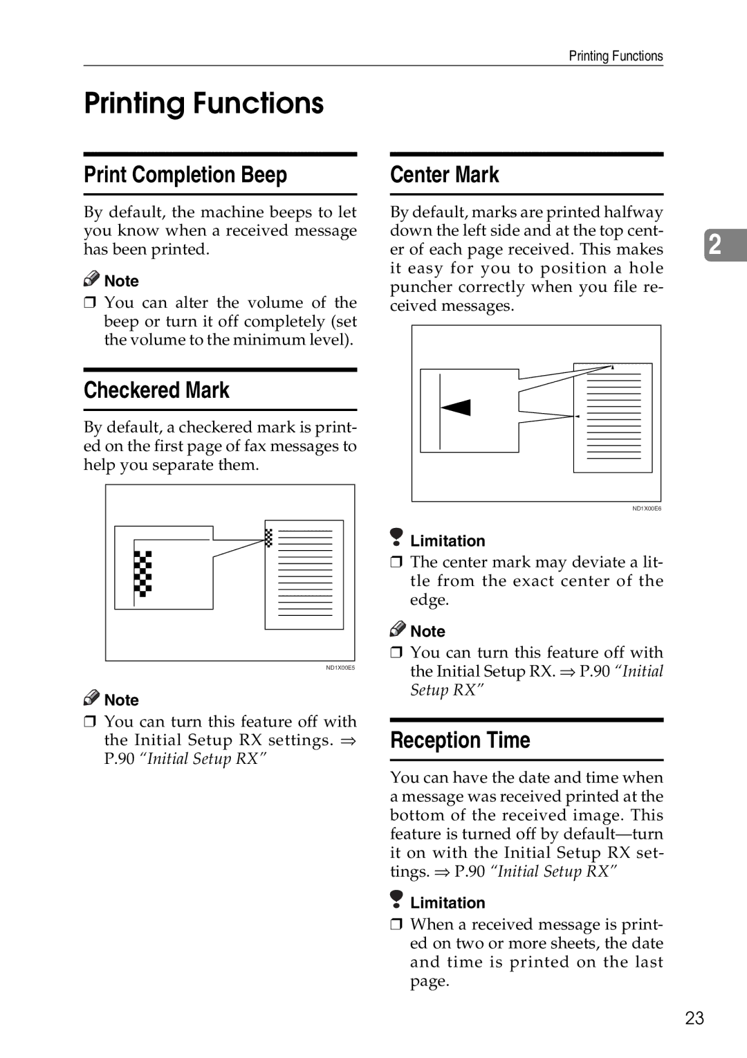 Savin C2824, C3528, C4535 manual Printing Functions, Print Completion Beep, Checkered Mark, Center Mark, Reception Time 