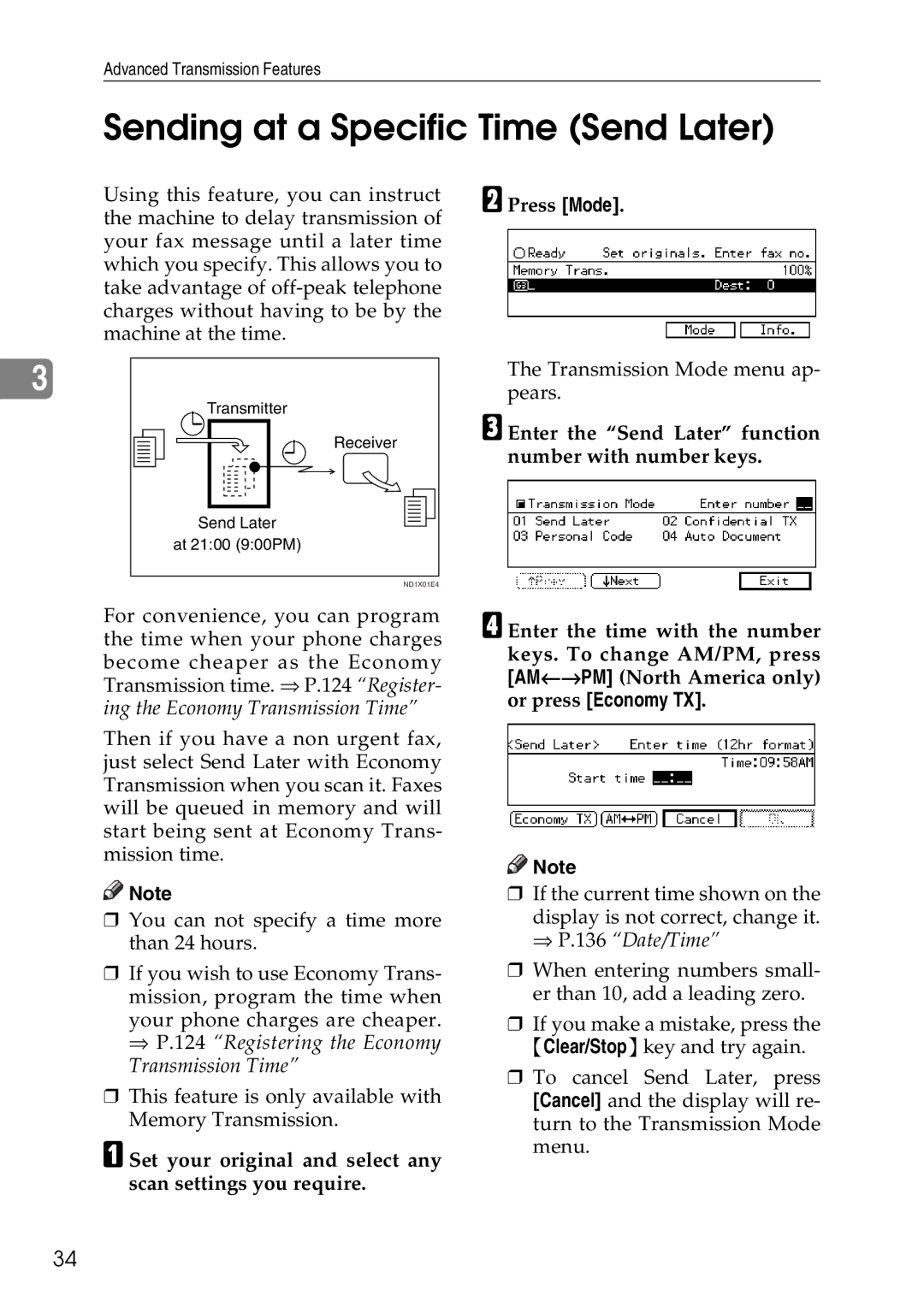 Savin C4535 manual Sending at a Specific Time Send Later, Press Mode, Enter the Send Later function number with number keys 