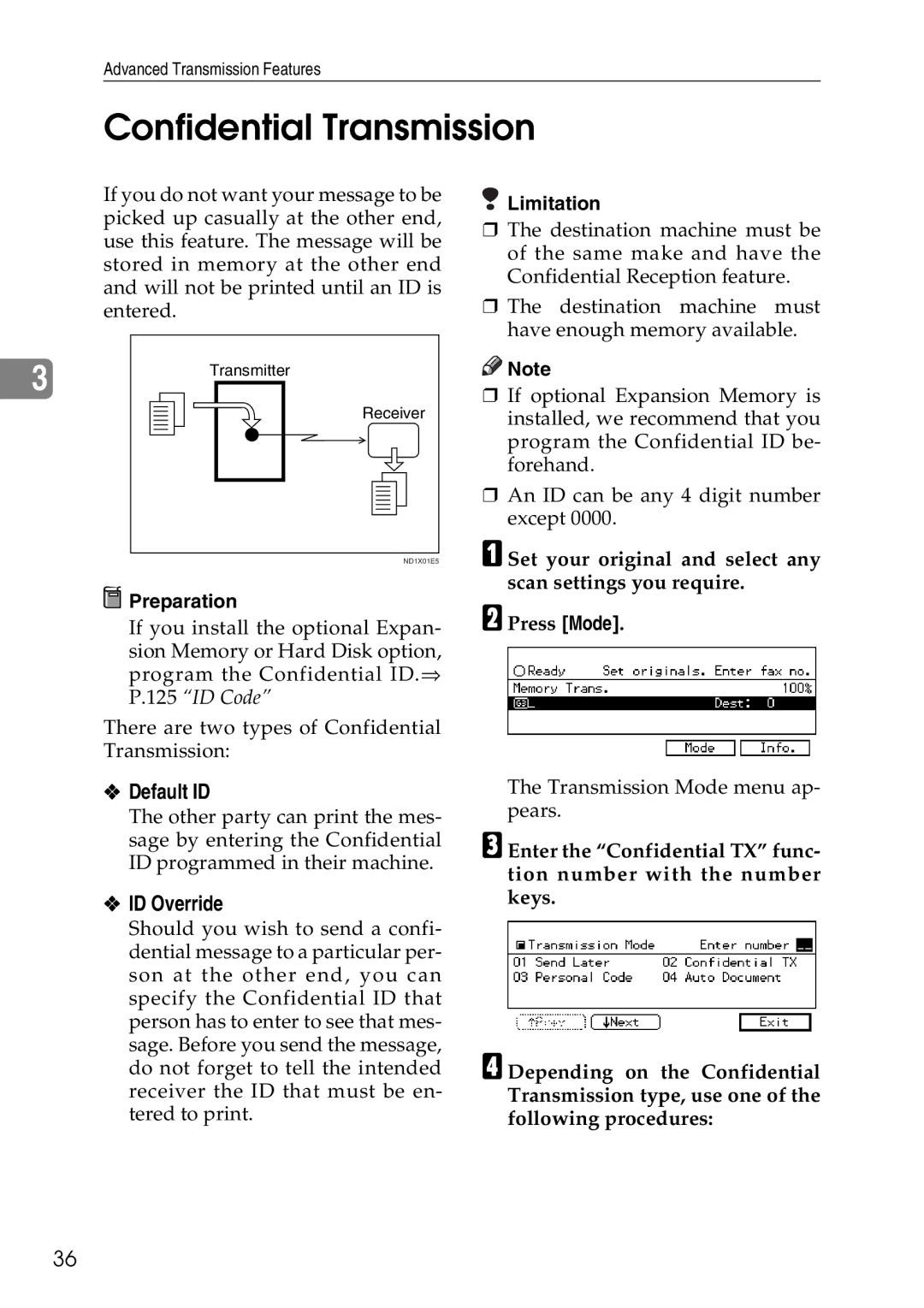 Savin C3528, C2824, C4535 manual Confidential Transmission, Default ID, ID Override 