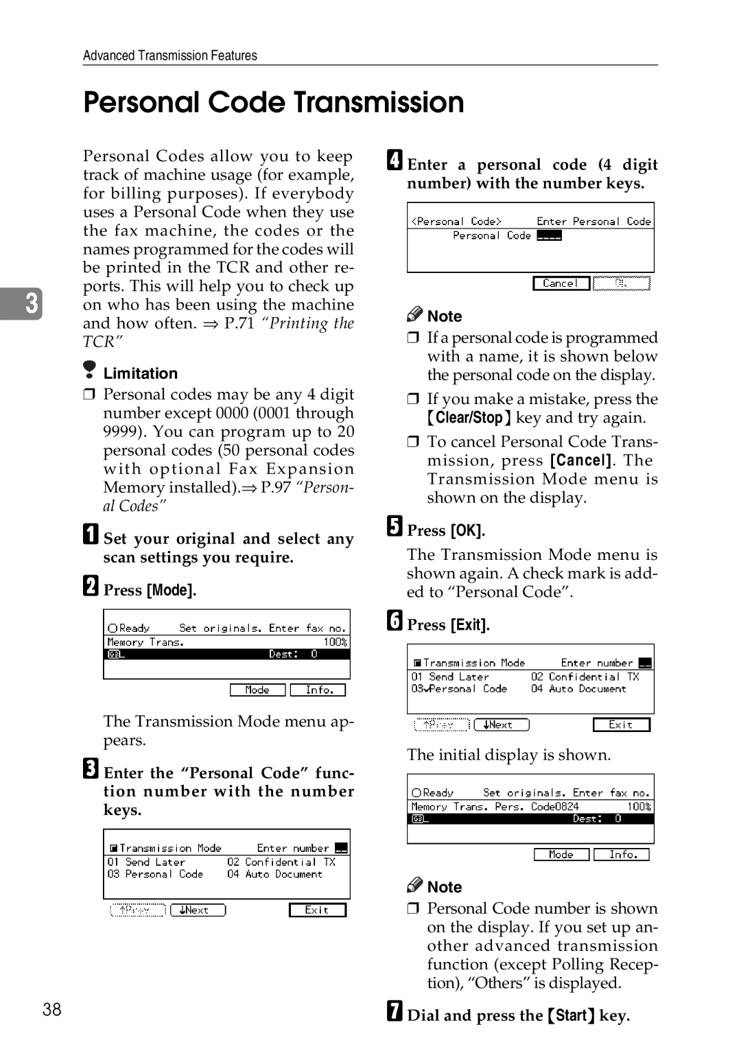 Savin C2824, C3528, C4535 manual Personal Code Transmission, Press OK 