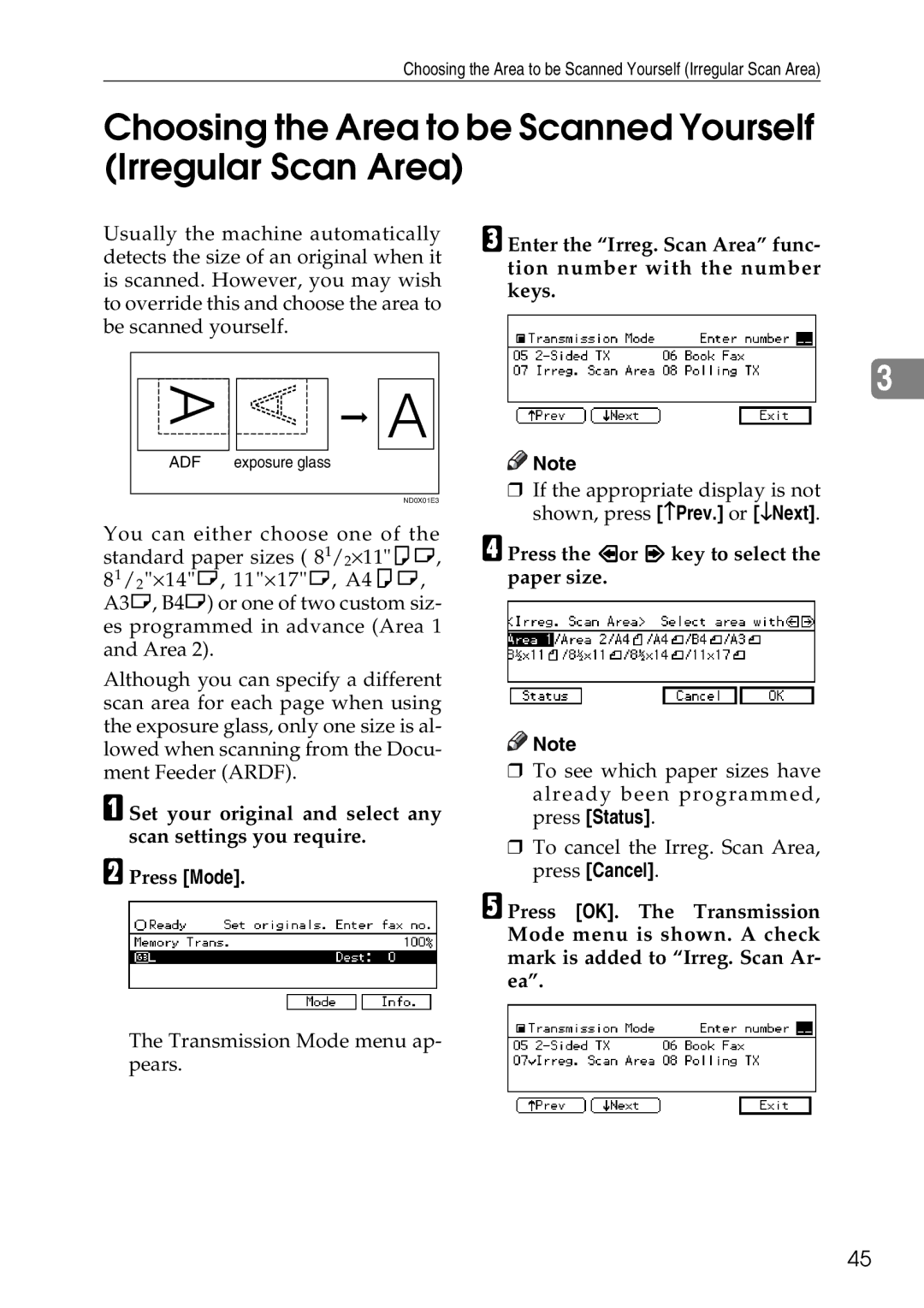 Savin C3528, C2824 Choosing the Area to be Scanned Yourself Irregular Scan Area, Press the or key to select the paper size 