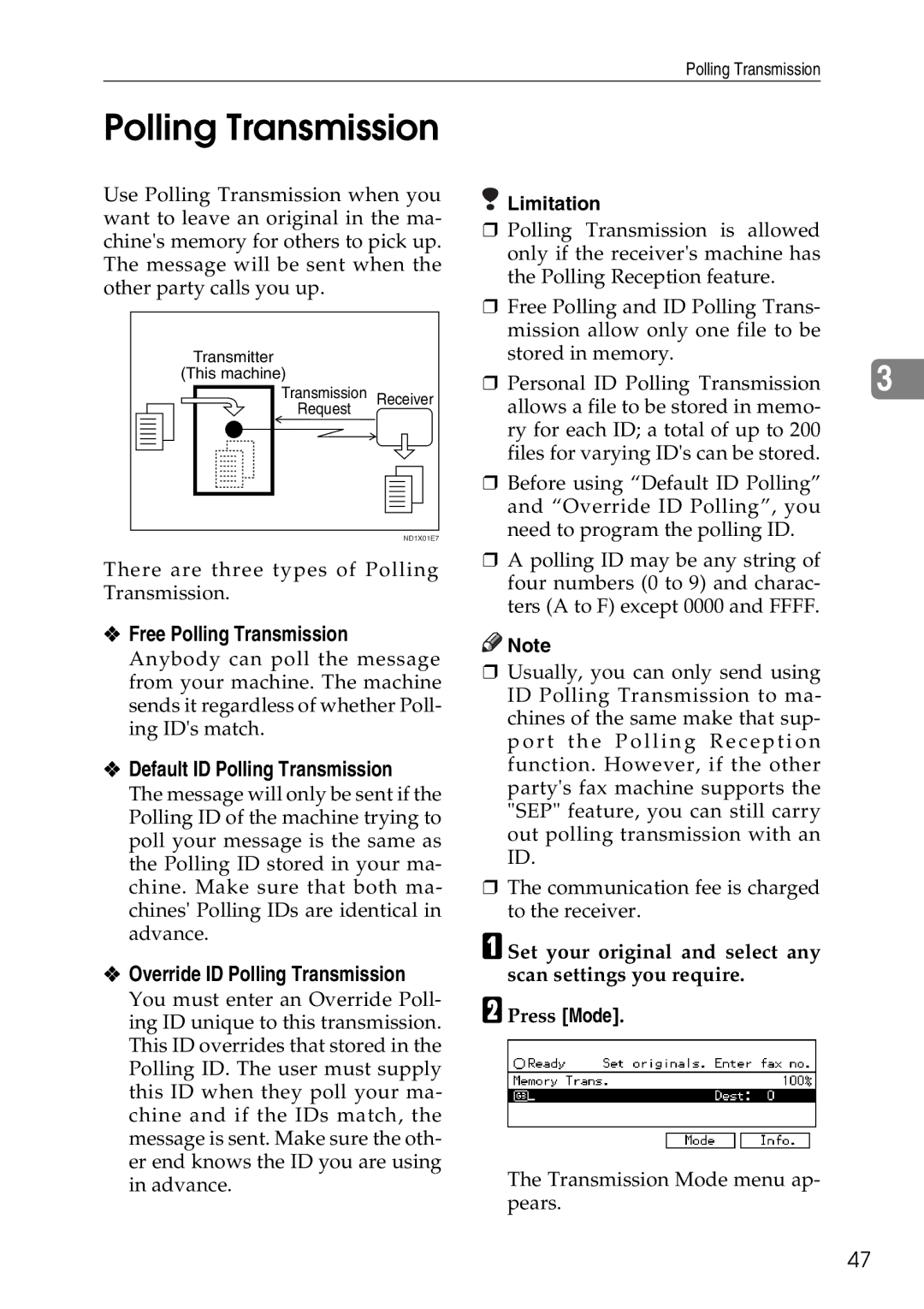 Savin C2824, C3528, C4535 Free Polling Transmission, Default ID Polling Transmission, Override ID Polling Transmission 