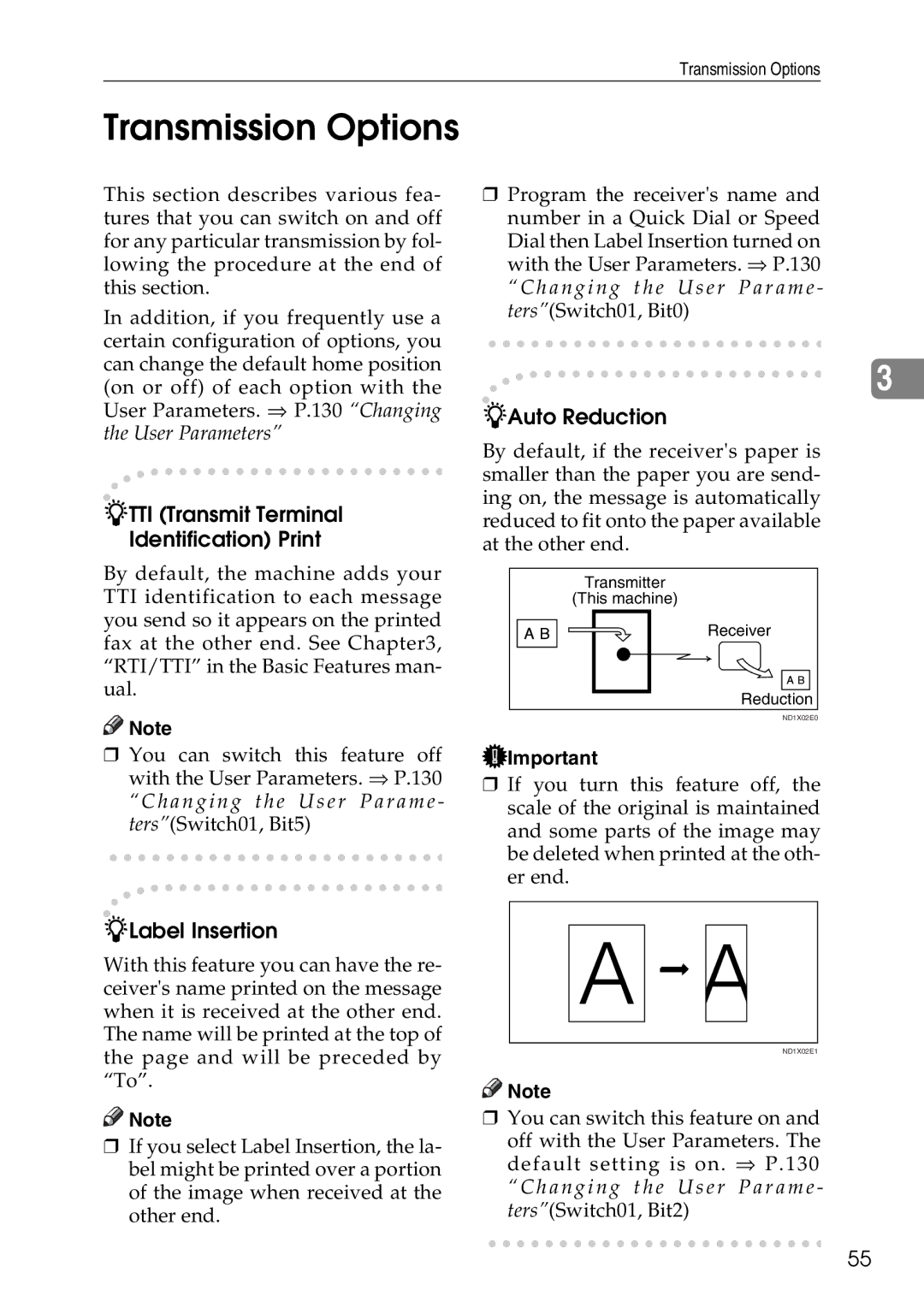 Savin C4535, C2824, C3528 Transmission Options, TTI Transmit Terminal Identification Print, Label Insertion, Auto Reduction 