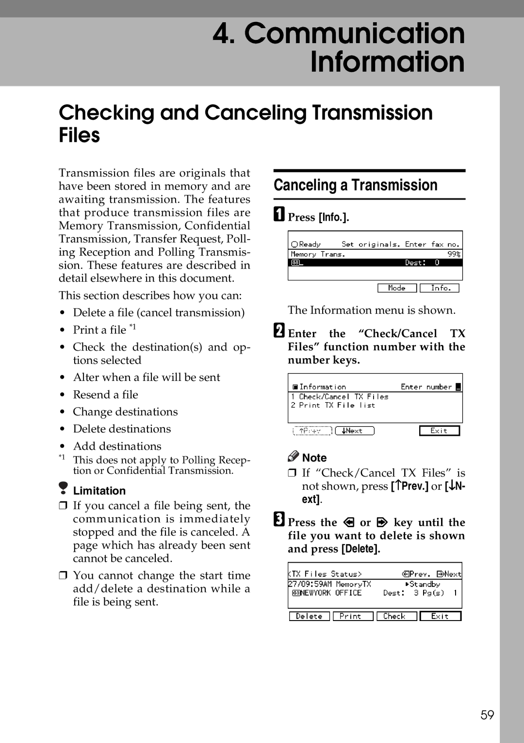 Savin C2824, C3528, C4535 manual Checking and Canceling Transmission Files, Canceling a Transmission, Press Info 