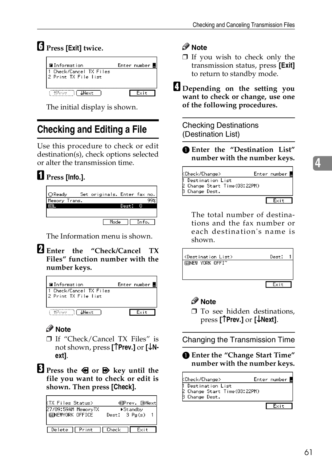 Savin C4535, C2824, C3528 manual Checking and Editing a File, Press Exit twice, Enter the Destination List 