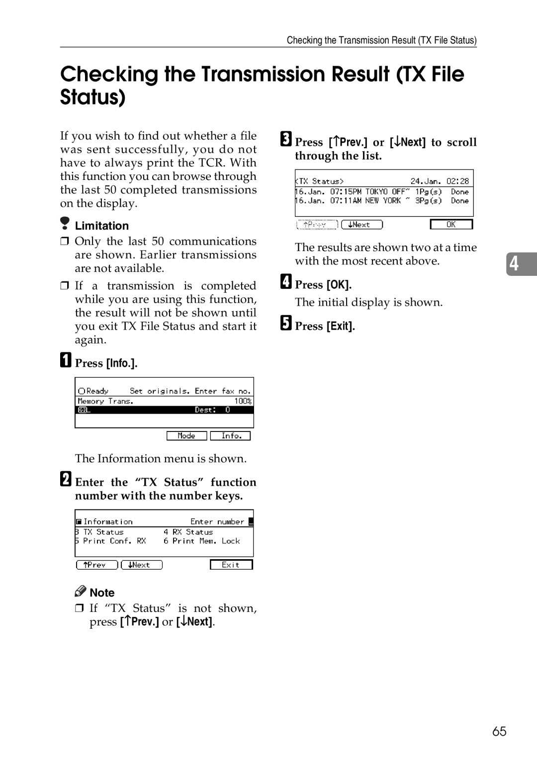 Savin C2824, C3528, C4535 manual Checking the Transmission Result TX File Status 