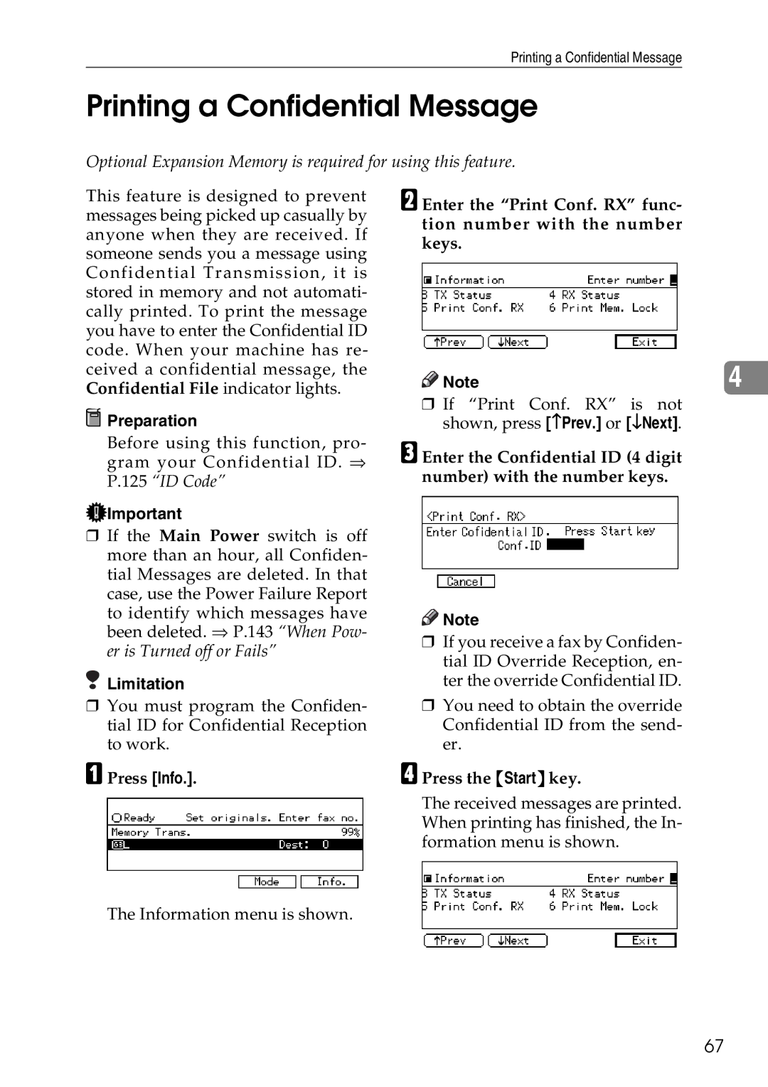 Savin C4535, C2824, C3528 Printing a Confidential Message, Optional Expansion Memory is required for using this feature 