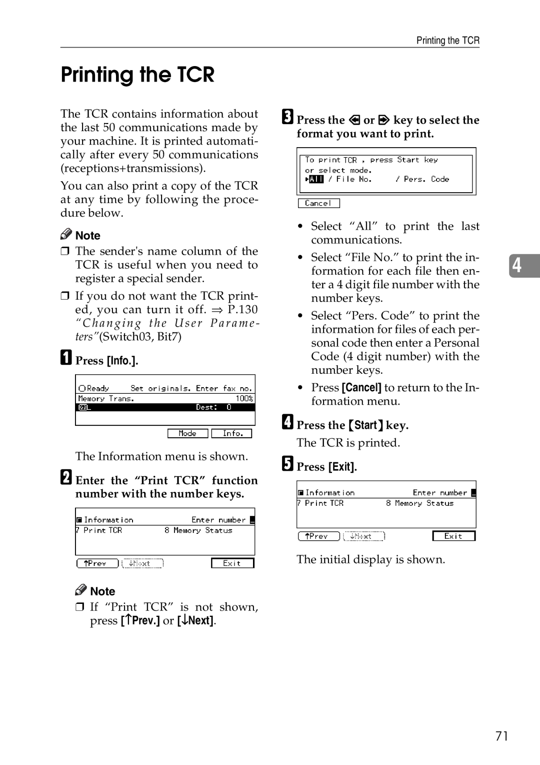 Savin C2824, C3528, C4535 manual Printing the TCR, Enter the Print TCR function number with the number keys 