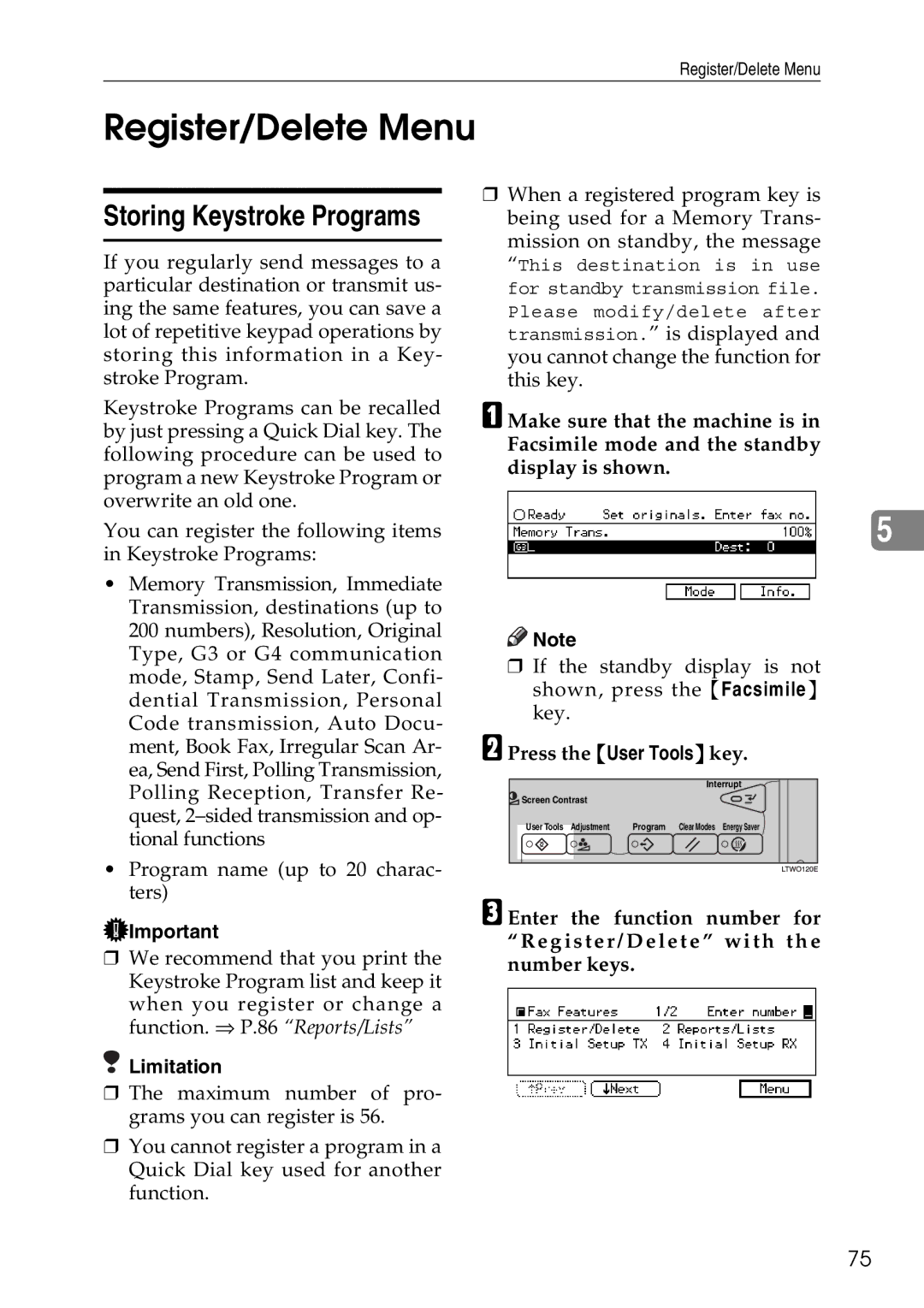 Savin C3528, C2824, C4535 manual Register/Delete Menu, Storing Keystroke Programs 