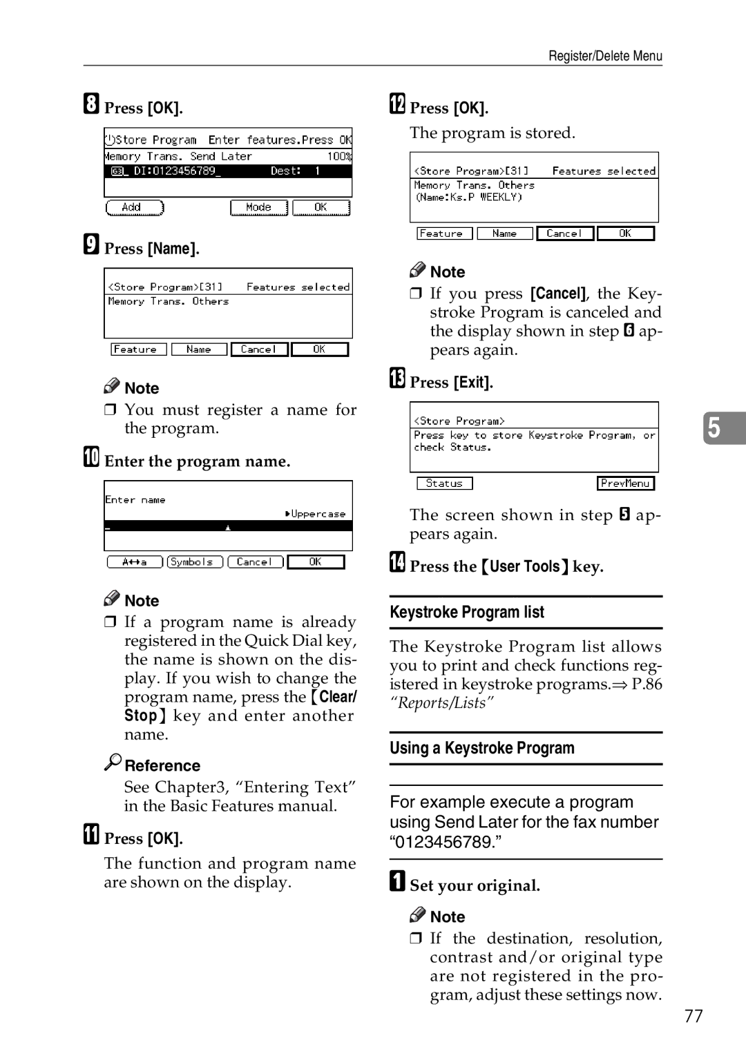 Savin C2824, C3528, C4535 Keystroke Program list, Using a Keystroke Program, Press OK Press Name, Enter the program name 