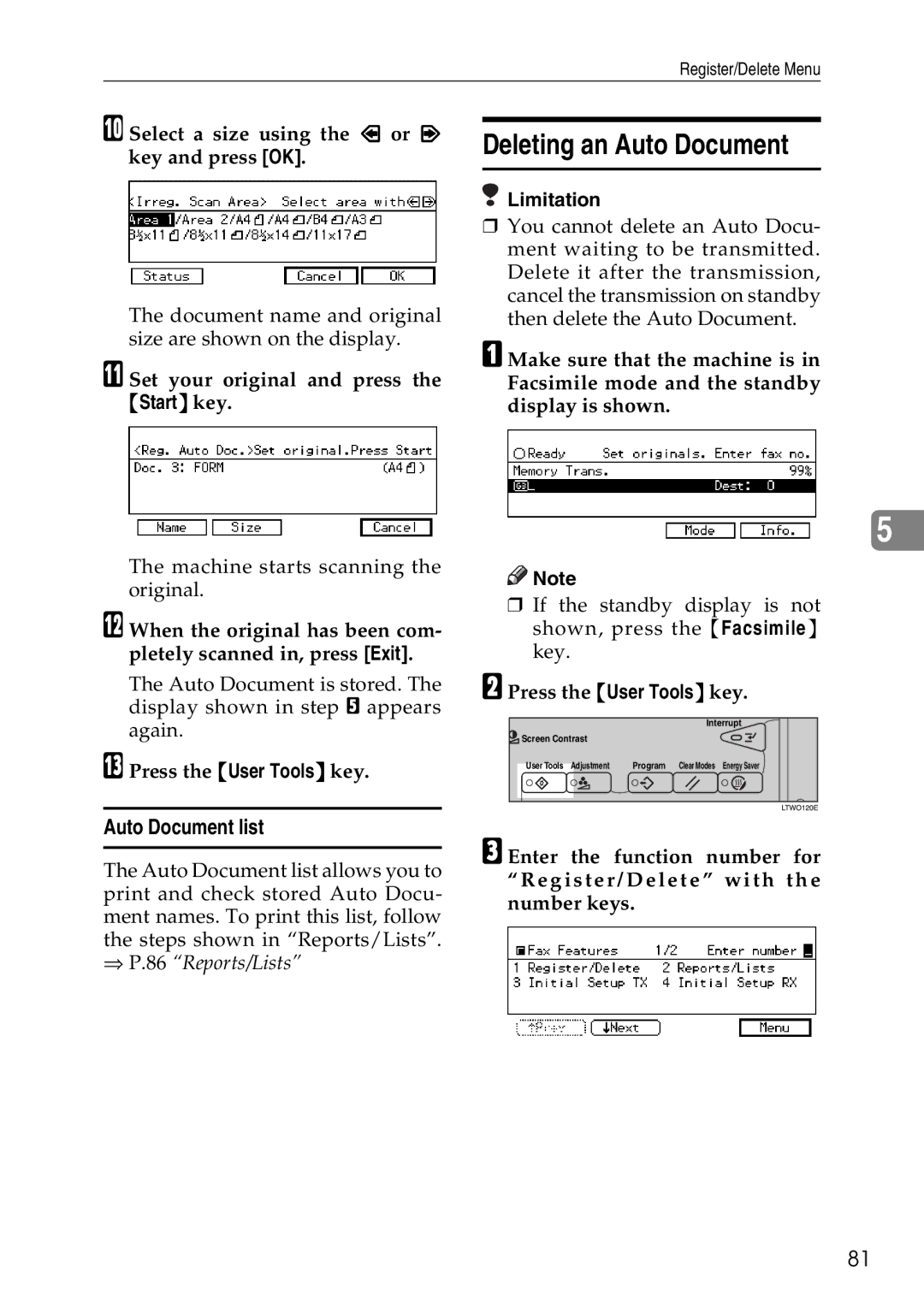 Savin C3528, C2824, C4535 manual Deleting an Auto Document, Auto Document list, Select a size using the or key and press OK 