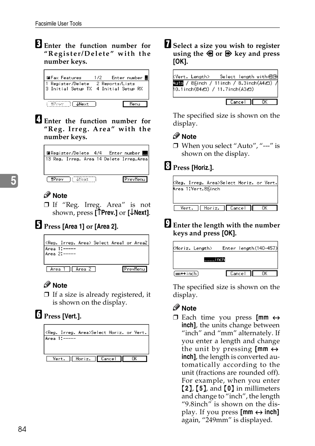 Savin C3528, C2824, C4535 manual Press Area 1 or Area, Enter the length with the number keys and press OK 