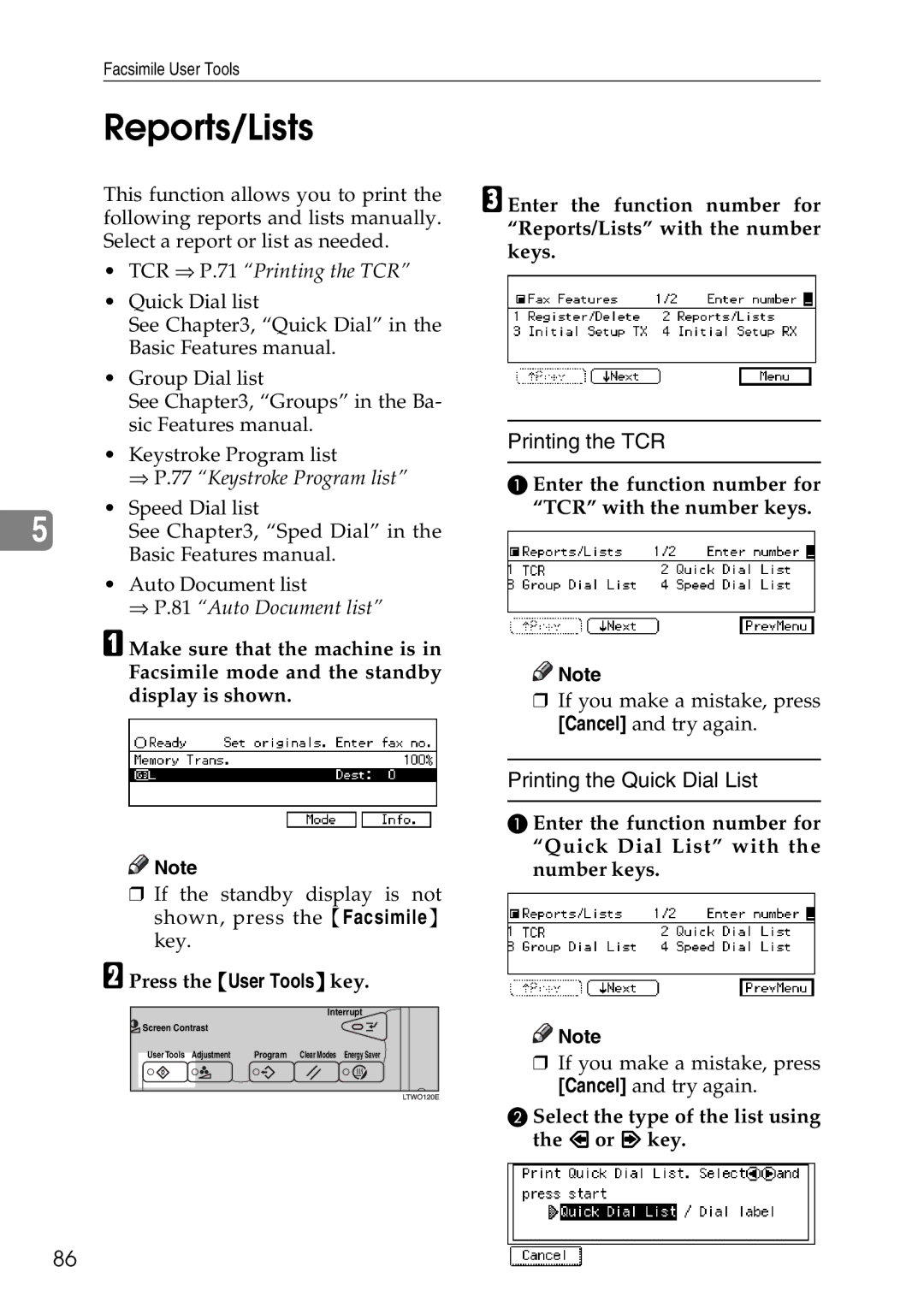 Savin C2824, C3528, C4535 manual Reports/Lists, Enter the function number for TCR with the number keys 