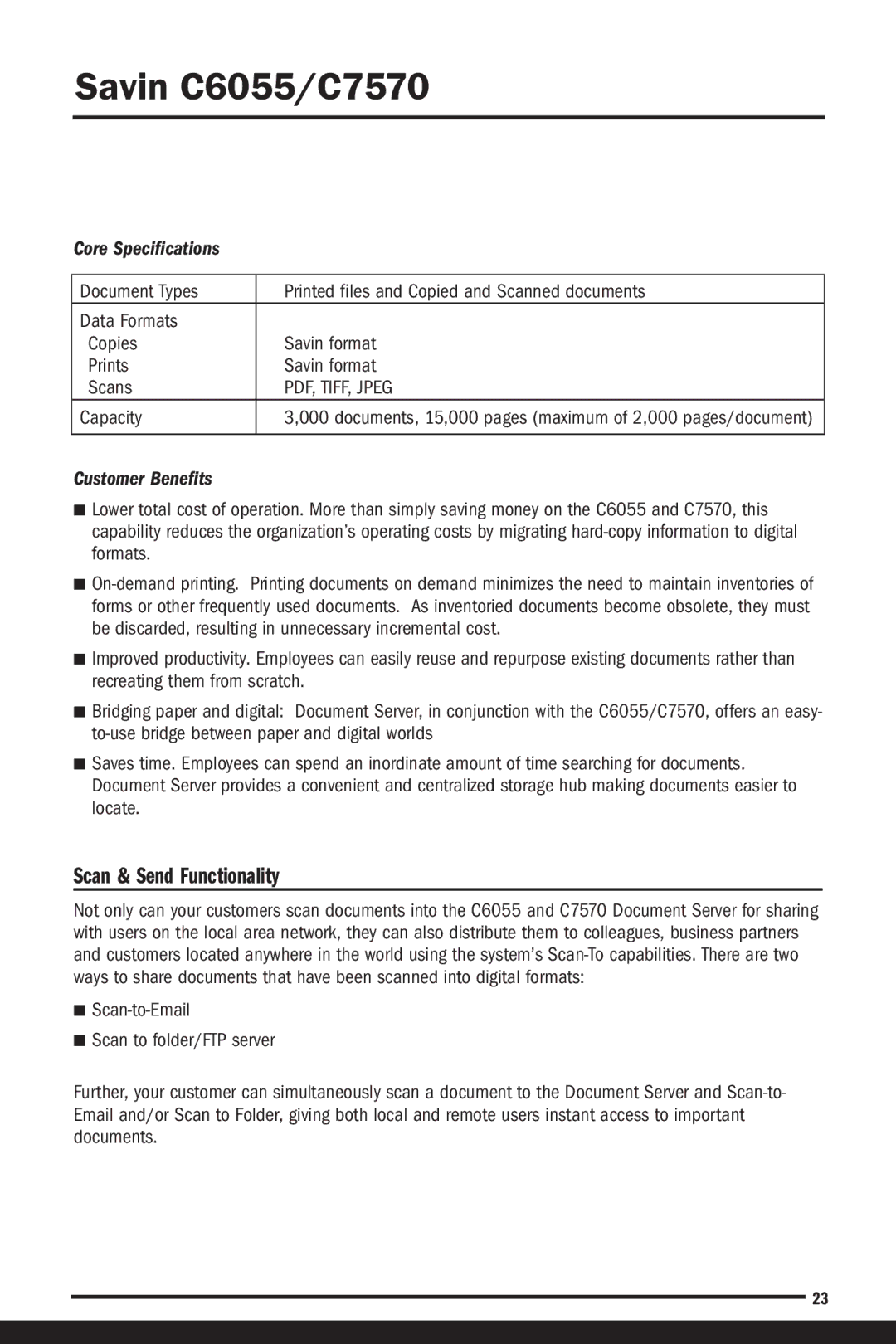 Savin C6055, C7570 manual Scan & Send Functionality, Core Specifications 