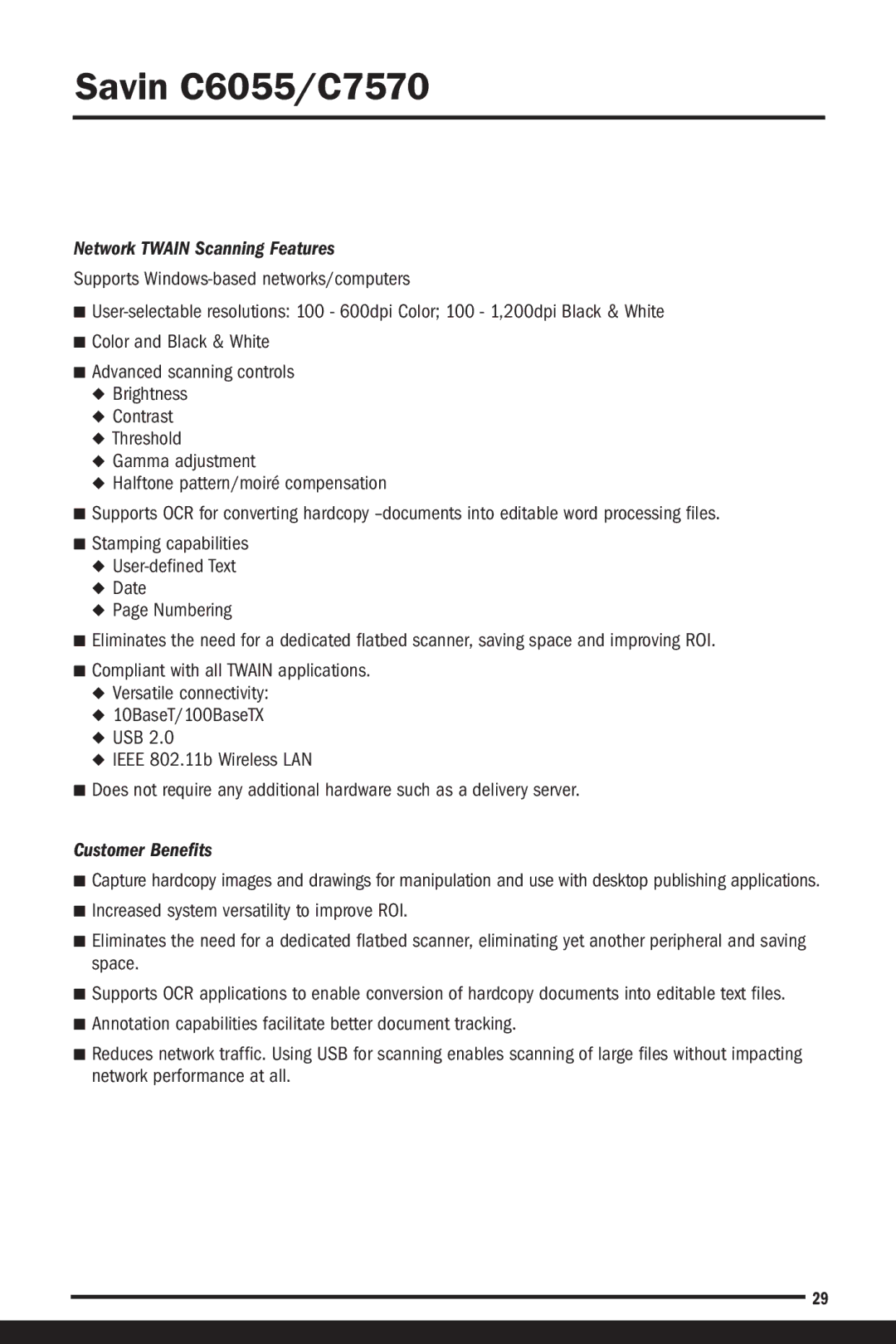 Savin C6055, C7570 manual Network Twain Scanning Features 