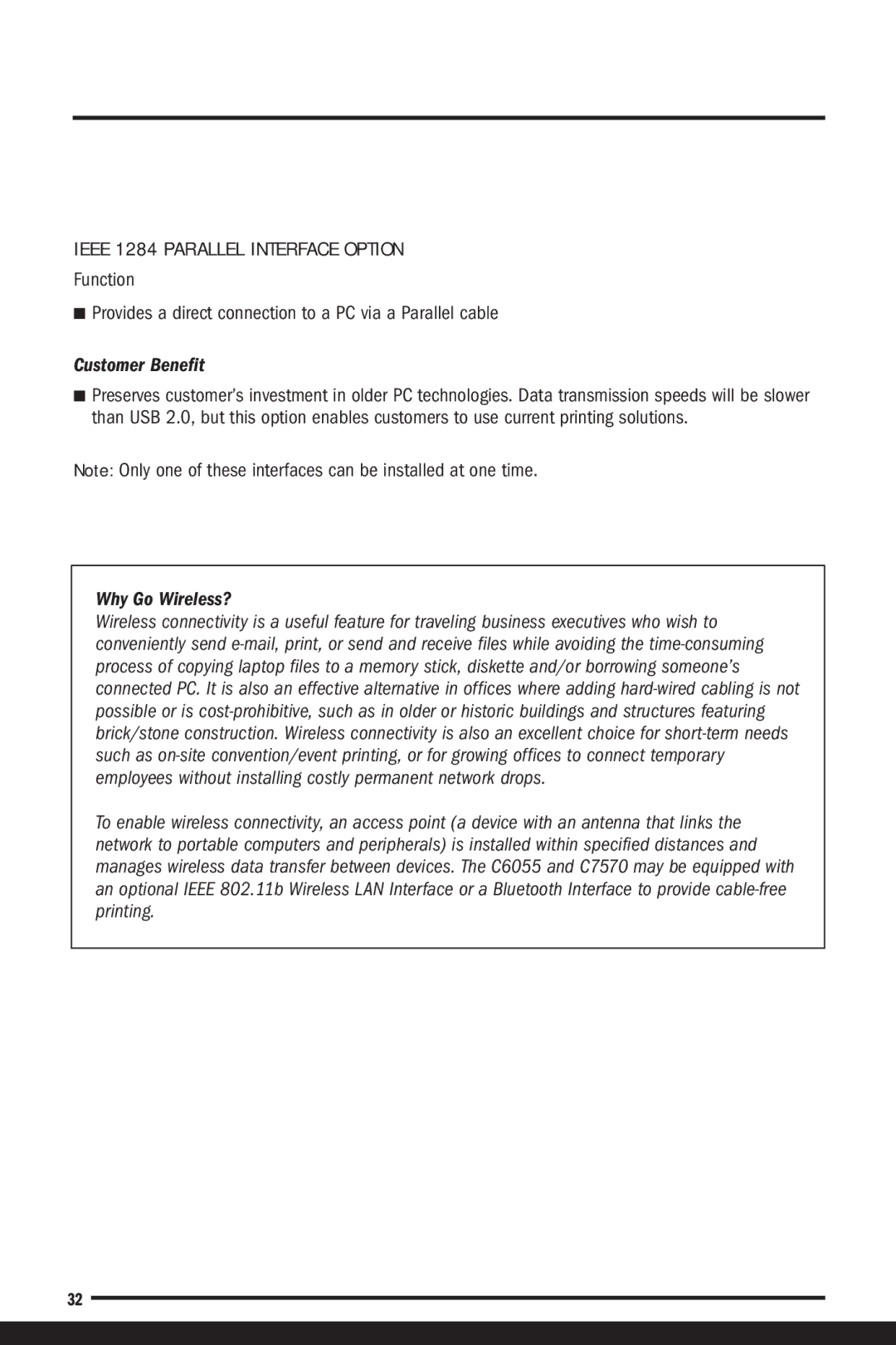 Savin C7570, C6055 manual Ieee 1284 Parallel Interface Option, Customer Benefit, Why Go Wireless? 