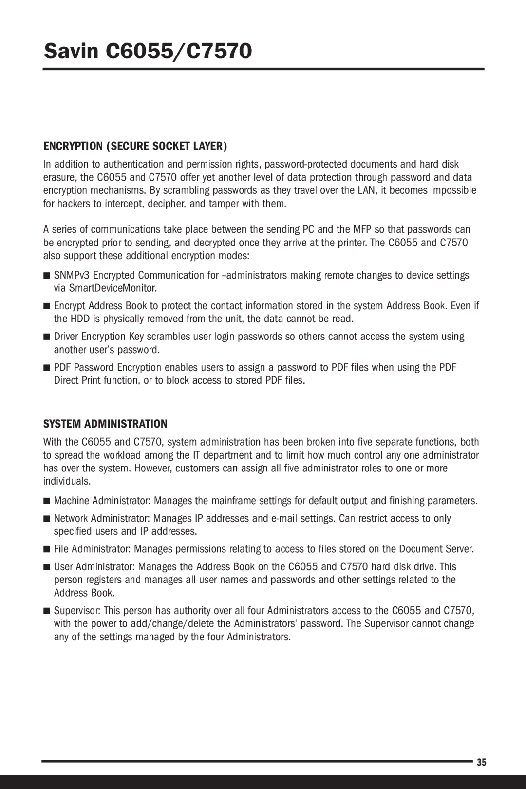 Savin C6055, C7570 manual Encryption Secure Socket Layer, System Administration 