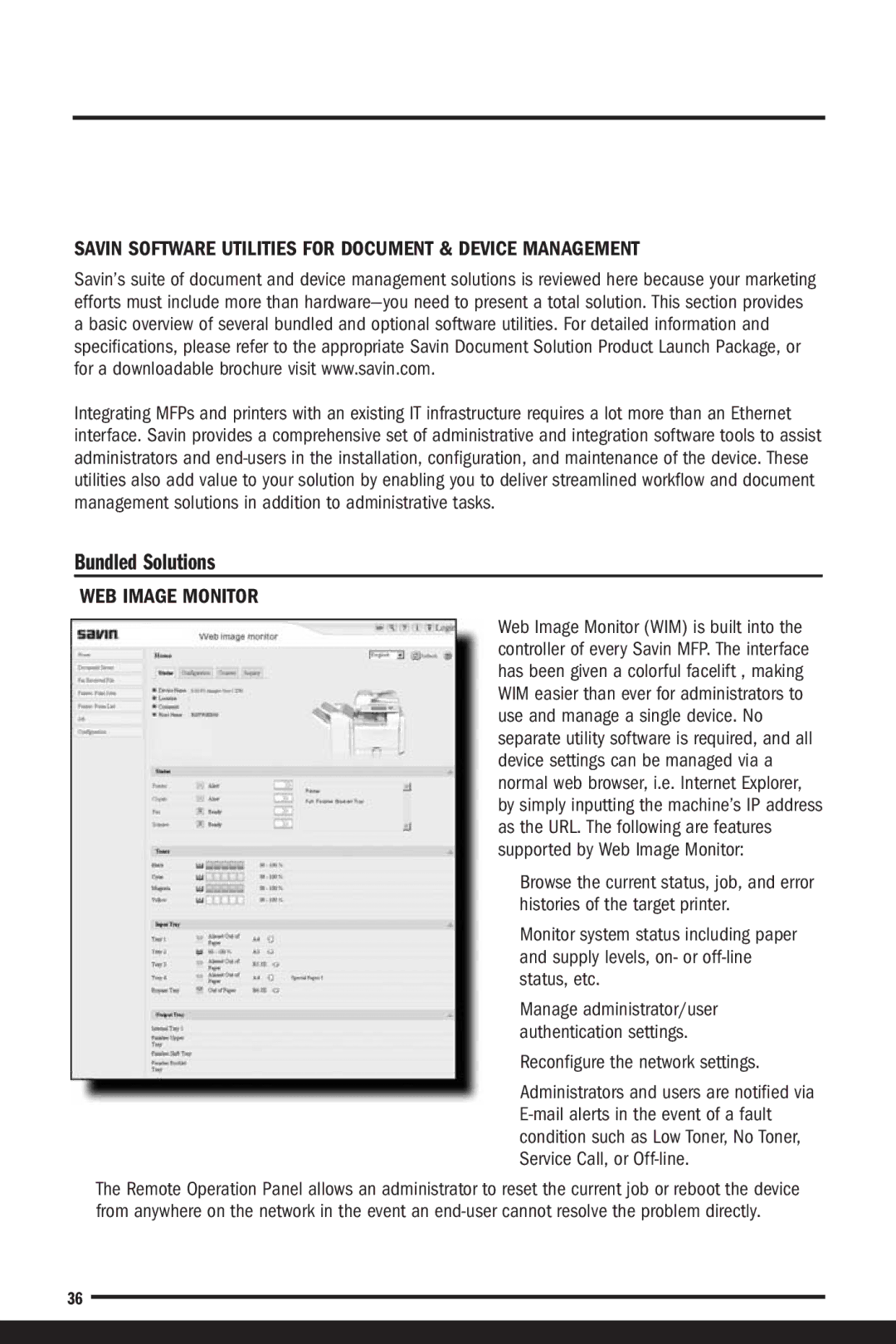 Savin C7570, C6055 manual Bundled Solutions, Savin Software Utilities for Document & Device Management, WEB Image Monitor 