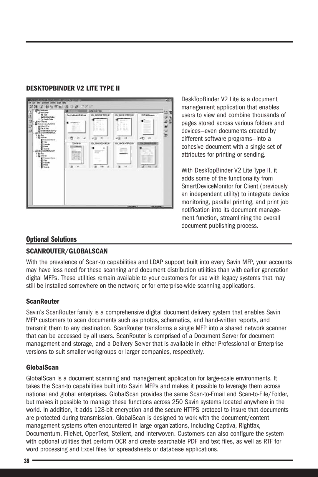 Savin C7570, C6055 manual Optional Solutions, Desktopbinder V2 Lite Type, Scanrouter/Globalscan 