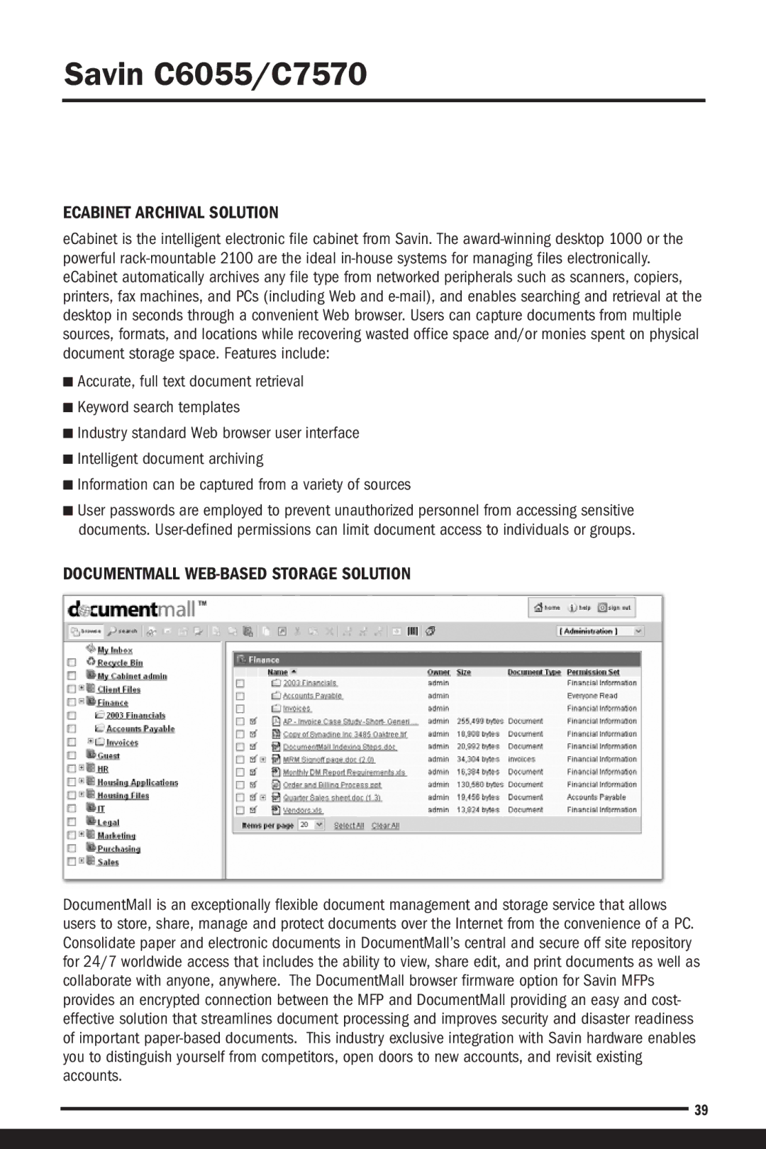 Savin C6055, C7570 manual Ecabinet Archival Solution, Documentmall WEB-BASED Storage Solution 