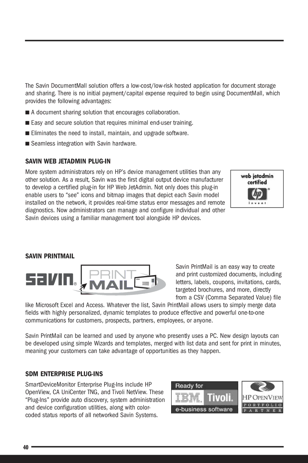 Savin C7570, C6055 manual Savin WEB Jetadmin PLUG-IN, Savin Printmail, SDM Enterprise PLUG-INS 