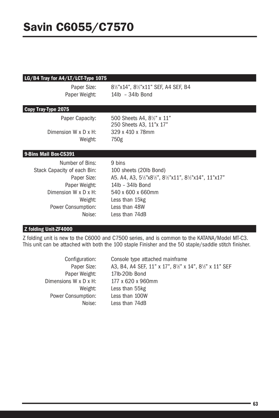 Savin C6055 Number of Bins, Sheets 20lb Bond, Configuration Console type attached mainframe Paper Size, 177 x 620 x 960mm 